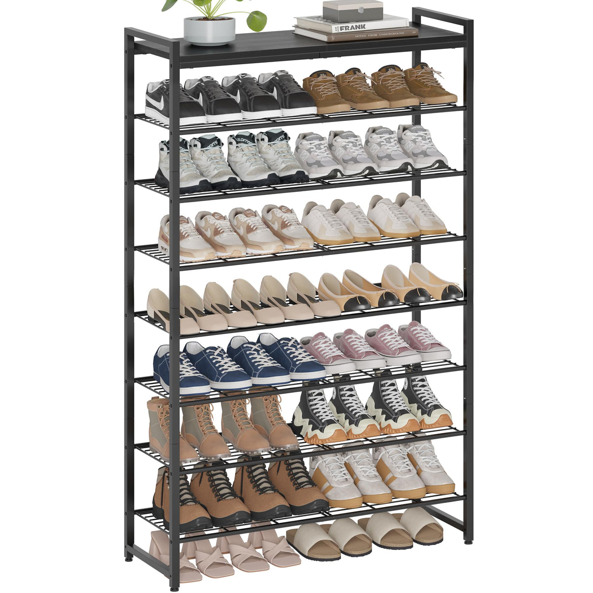 Larzonic 8 Tier Shoe Rack Organizer for 3240 Pairs, Tall Metal Shoe Storage Shelf with Wood Top, Adjustable Boot Space, Narrow 