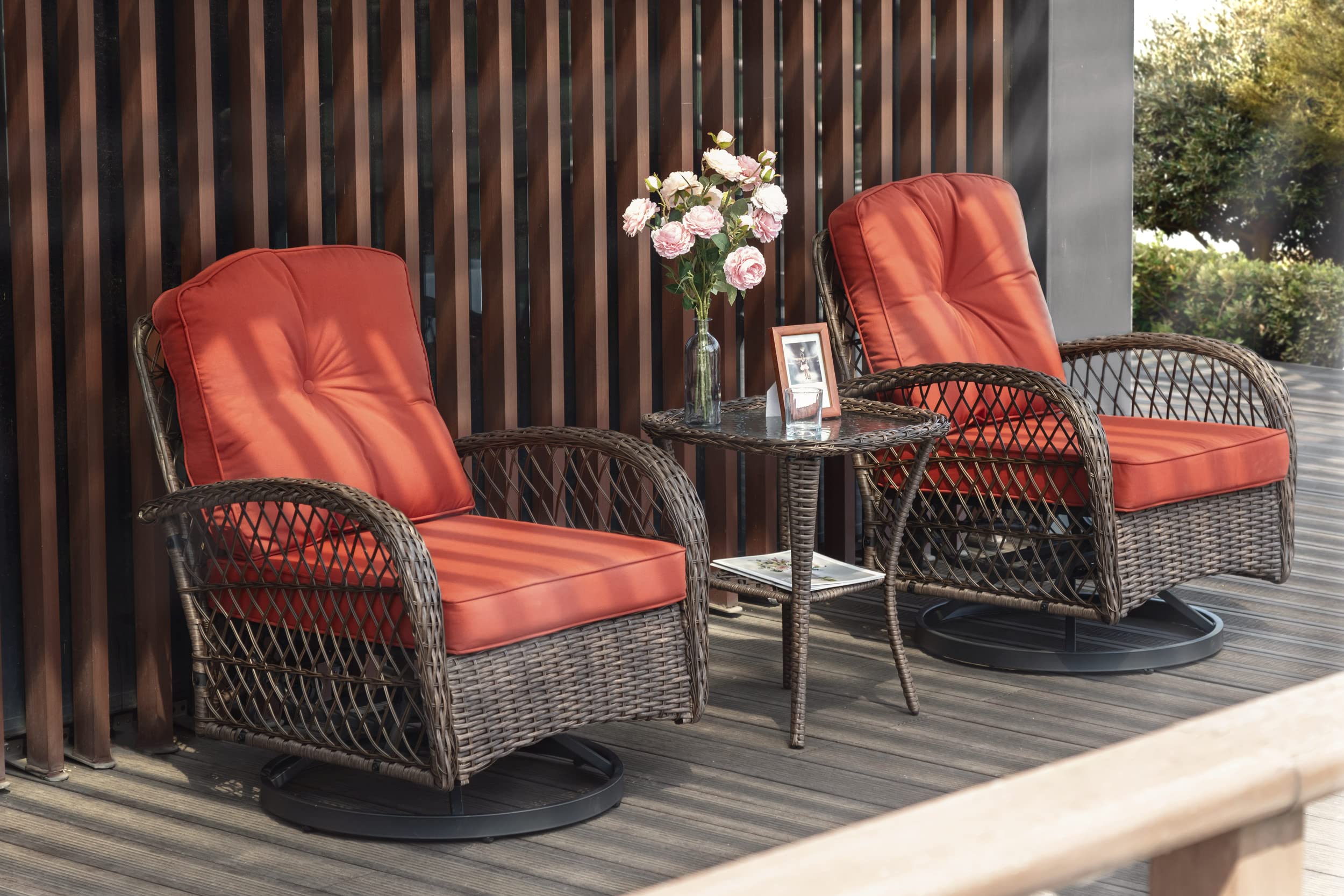 Sha Cerlin 3 Pieces Patio Furniture Set, Outdoor Swivel Glider Rocker, Wicker Patio Bistro Set With Rocking Chair, Cushions And Table (Red)