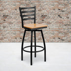Flash Furniture HERCULES Series Black Ladder Back Swivel Metal Barstool - Natural Wood Seat