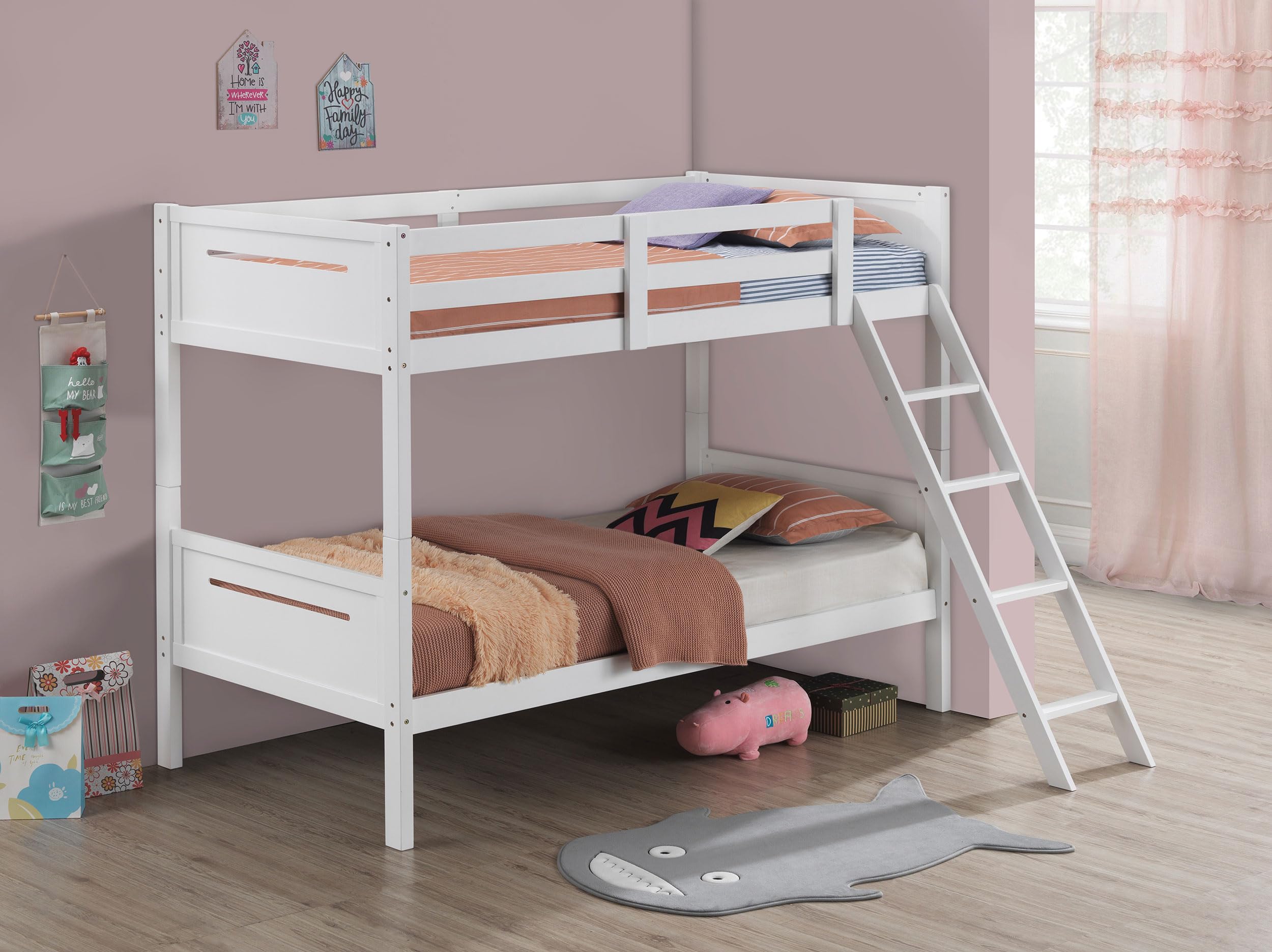 Coaster Home Furnishings Littleton Transitional Wood Twin Over Twin Size Bunk Bed Frame with Ladder and Guardrails Fully Slatted Mattress Ready Foundation White 405051WHT