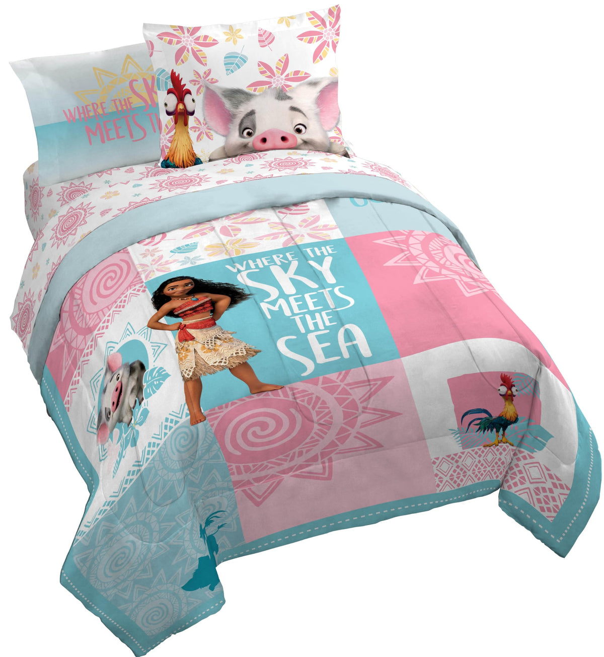Jay Franco Disney Moana Queen Comforter Set  Tropical Patchwork 7 Piece Bedding Features Pua And Hei Hei - Includes Sheet Set &