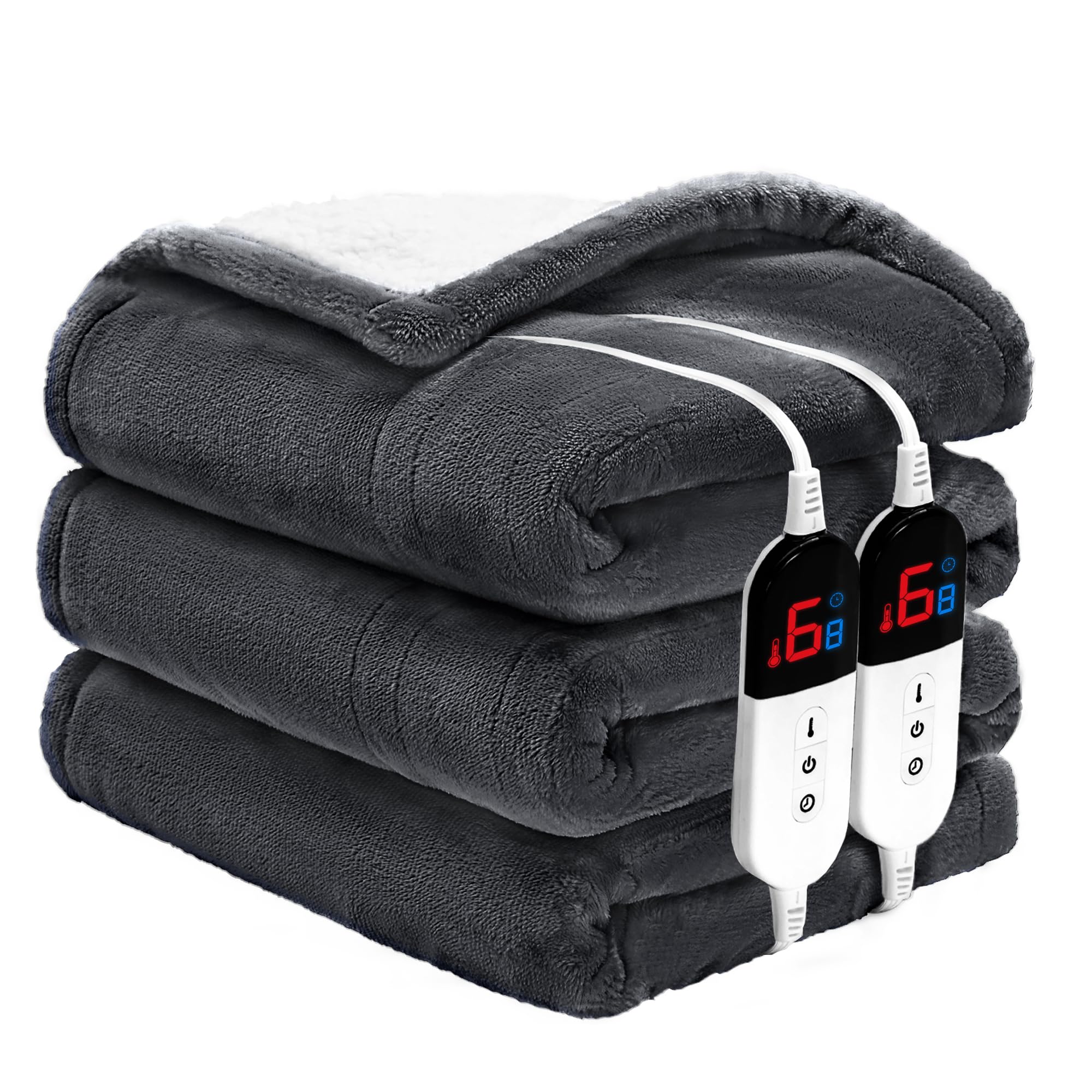 Ptq Heated Throw Blanket 50'  60' - Premium Cosy Soft Electric Blanket With 6 Heating Levels,Fast Heating Flannel Sherpa Blank