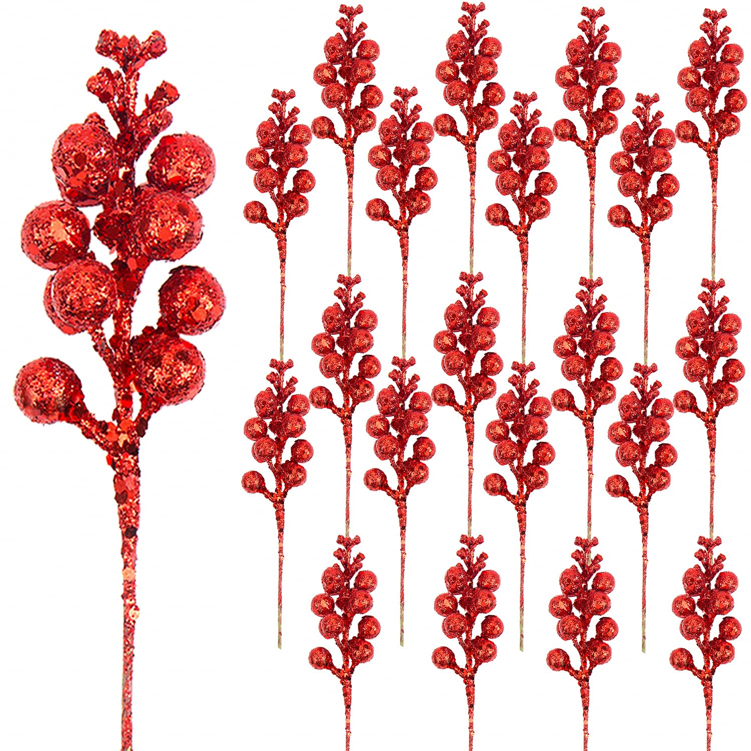 DIYASY Artificial Red Berry Stems,20 Pcs 7.8 Inch Glitter Christmas Tree Picks for Christmas Tree Ornaments,DIY Xmas Wreath, Hol