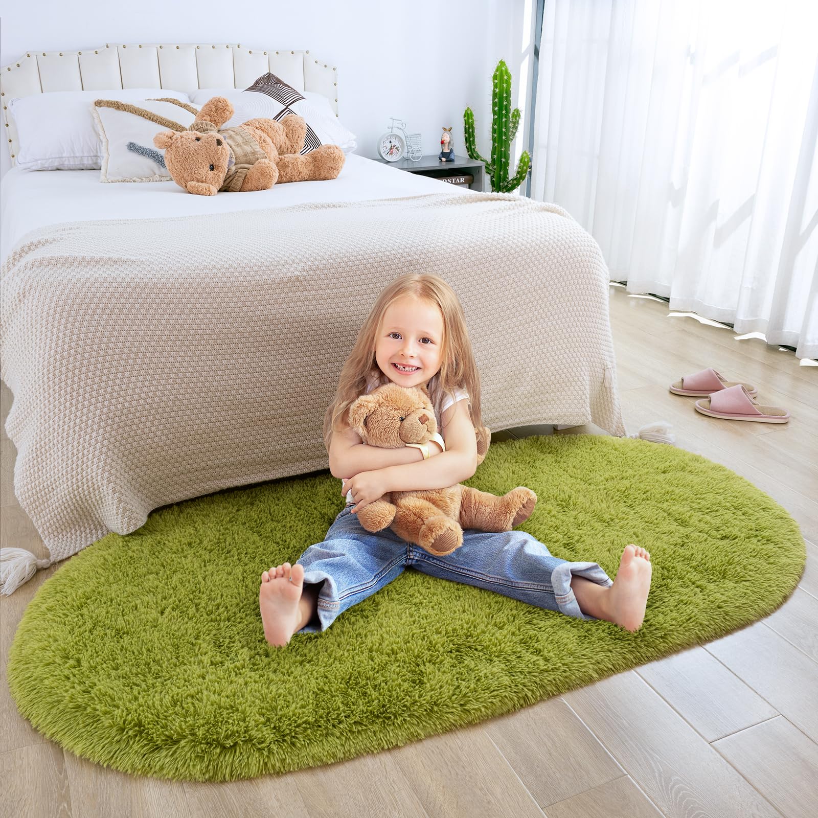 Merelax Soft Shaggy Rug For Kids Bedroom, Oval 2.6'X5.3' Green Plush Fluffy Carpets For Living Room, Furry Carpet For Teen Girls
