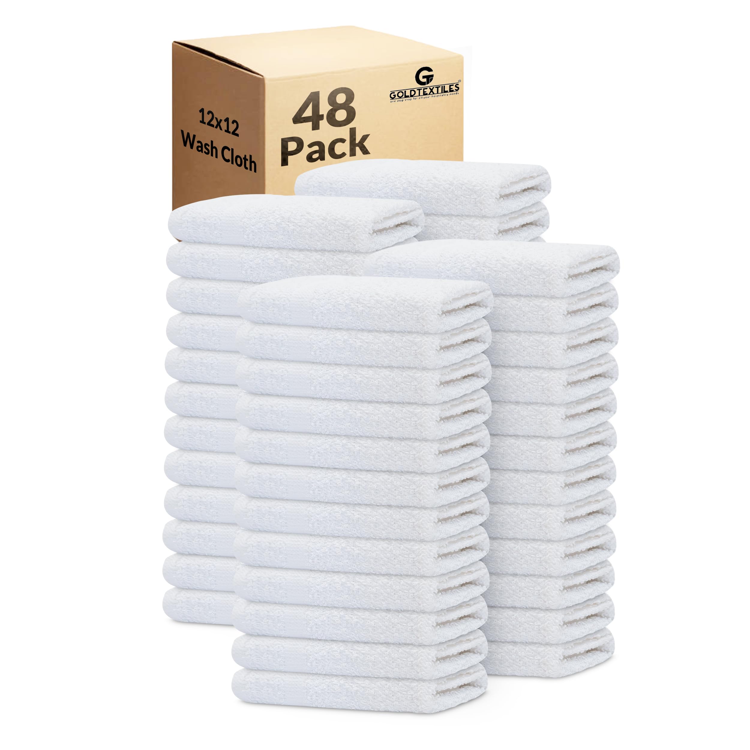 GOLD TEXTILES 48 Pack Economy White Washcloths Set (12x12 inches) - Cotton Blend Commercial Grade Cleaning Rags, Quick Drying & 