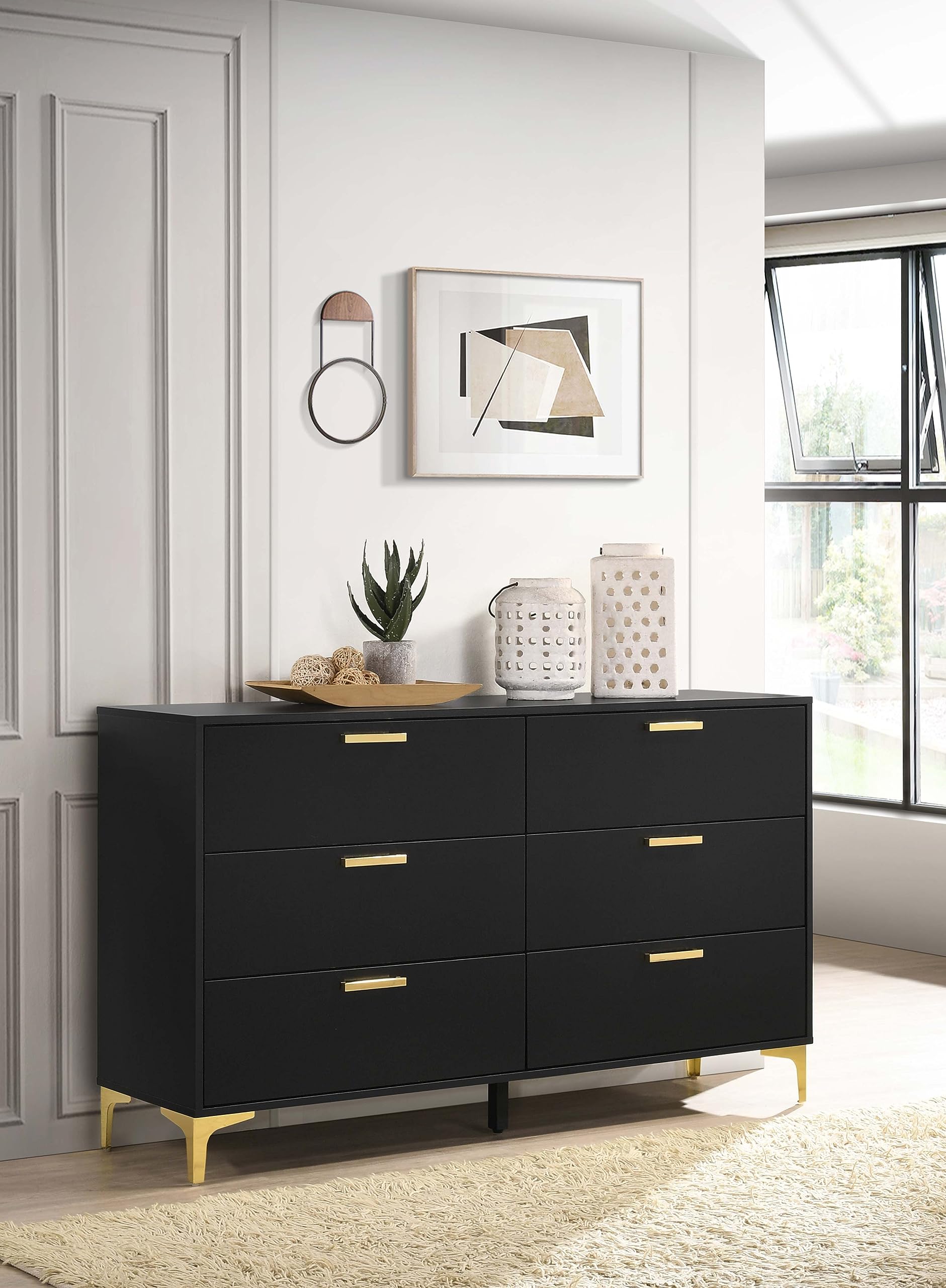 Coaster Home Furnishings Kendall 6-Drawer Contemporary Dresser Bedroom Clothing Storage Cabinet Engineered Wood Eco-Friendly Laminate with Gold Metal Legs and Handles Black 224453