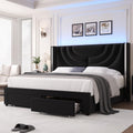 Hithos Full Upholstered Led Bed Frame With 2 Storage Drawers, Velvet Platform Bed With Wingback Headboard, Solid Wooden Slats Support, No Box Spring Needed, Headboard Splicing Design, Black