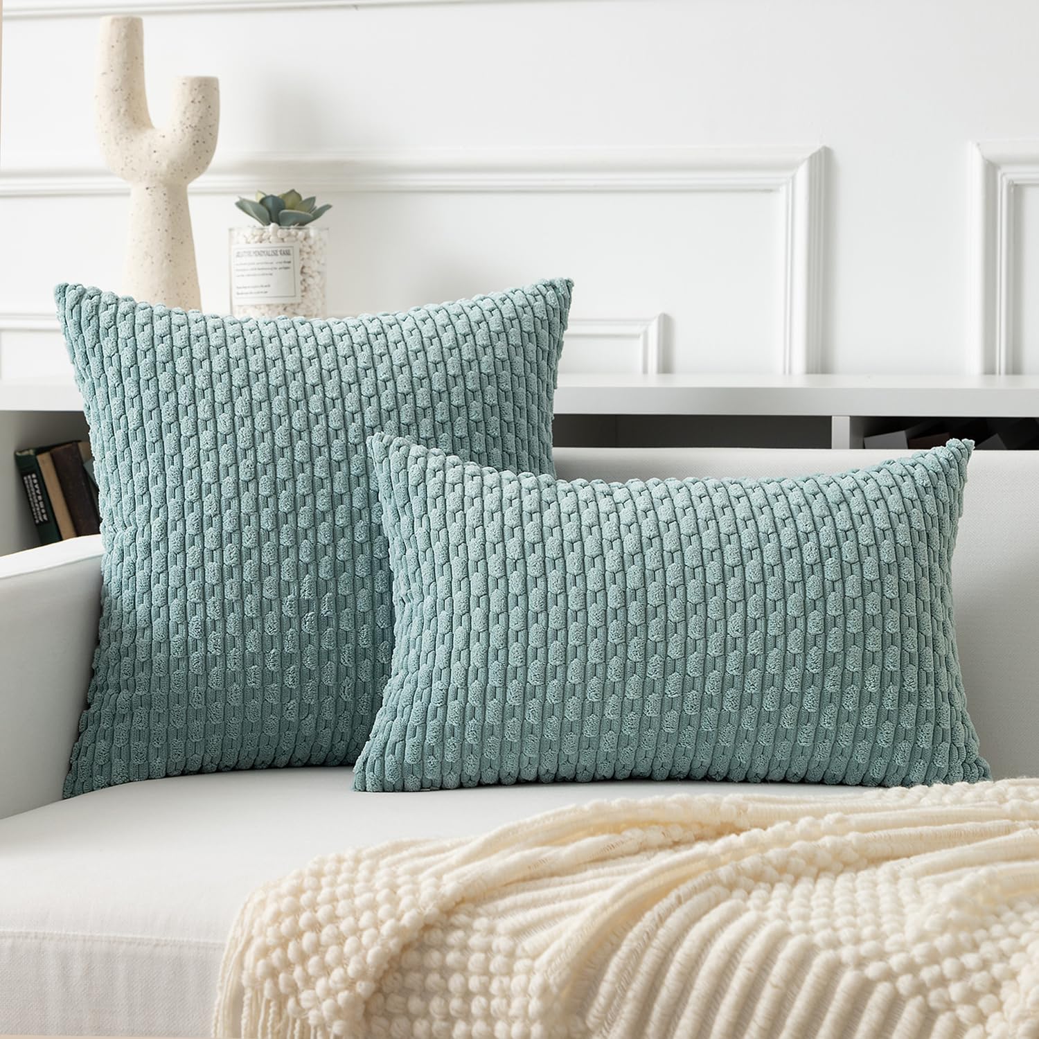 Kevin Textile Throw Pillow Covers Soft Corduroy Decorative Set Of 2 Boho Striped Pillow Covers Pillowcases Farmhouse Home Decor For Couch Bed Sofa Living Room 18X18 Inch Dusty Green