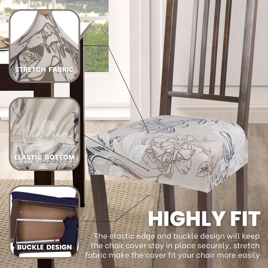 Searchi Stretch Dining Chair Seat Covers Set Of 6, Soft Removable Washable Seat Covers For Dining Chairs, Dining Room Seat Cover Slipcover Protector (Rear-Covered, Beige And Blue Flower)