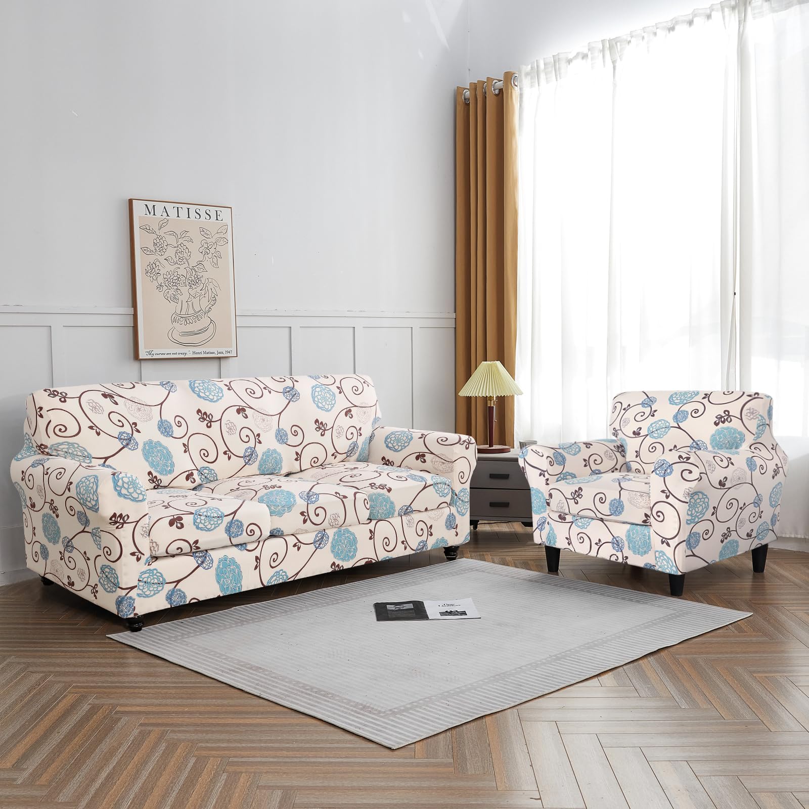 Searchi Stretch Sofa Cover Printed Couch Cover, Floral Pattern 4 Pieces Sofa Slipcover With 3 Separate Cushion Cover, Washable Furniture Protector For Living Room(Sofa, Ball Flower)