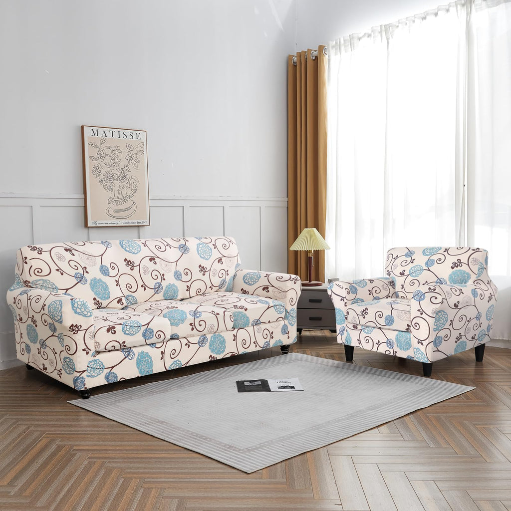 Searchi Stretch Sofa Cover Printed Couch Cover, Floral Pattern 4 Pieces Sofa Slipcover With 3 Separate Cushion Cover, Washable Furniture Protector For Living Room(Sofa, Ball Flower)