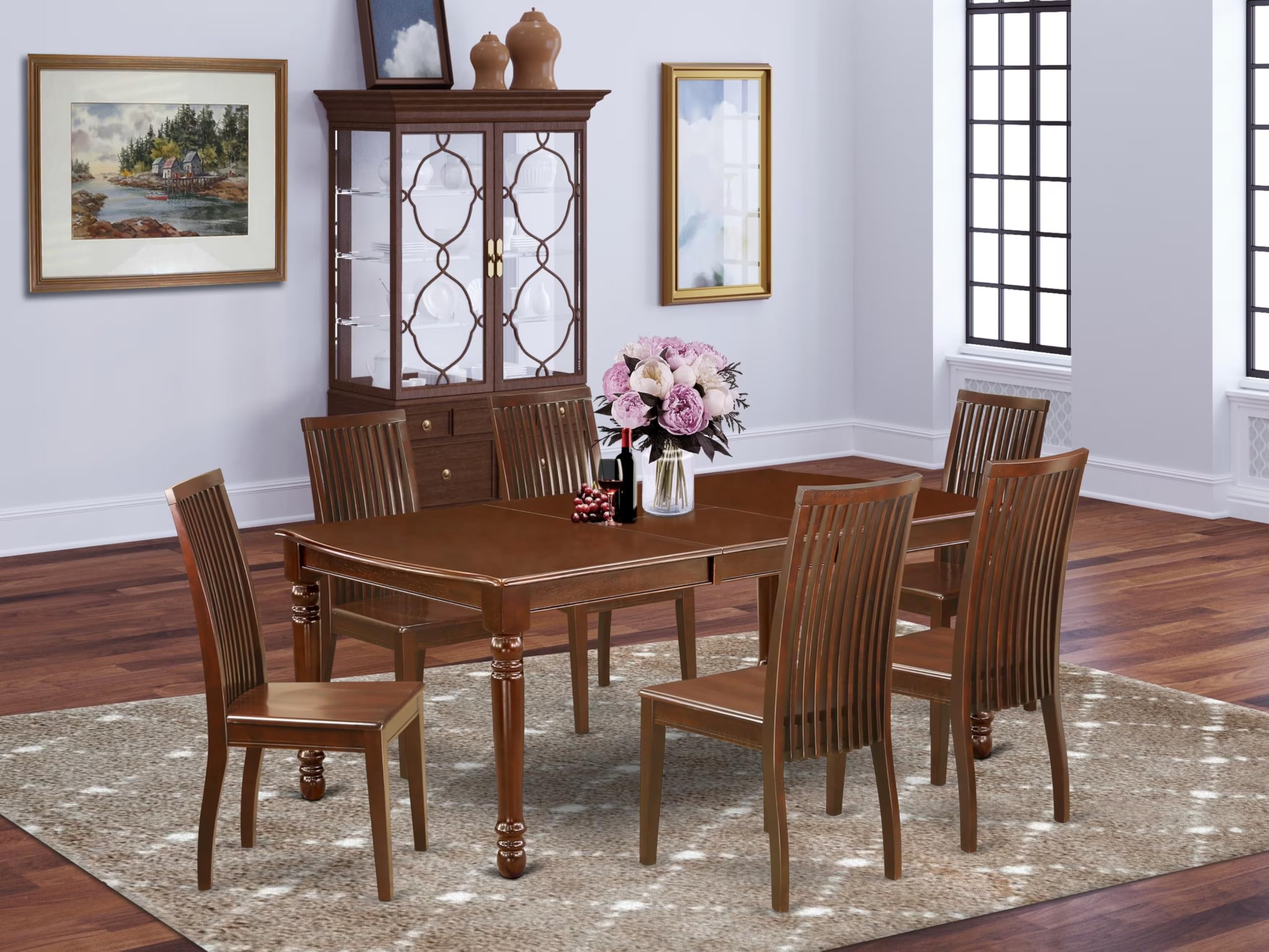 East West Furniture Doip7-Mah-W 7 Piece Dining Table Set Consist Of A Rectangle Dining Room Table With Butterfly Leaf And 6 Wood Seat Chairs, 42X78 Inch, Mahogany