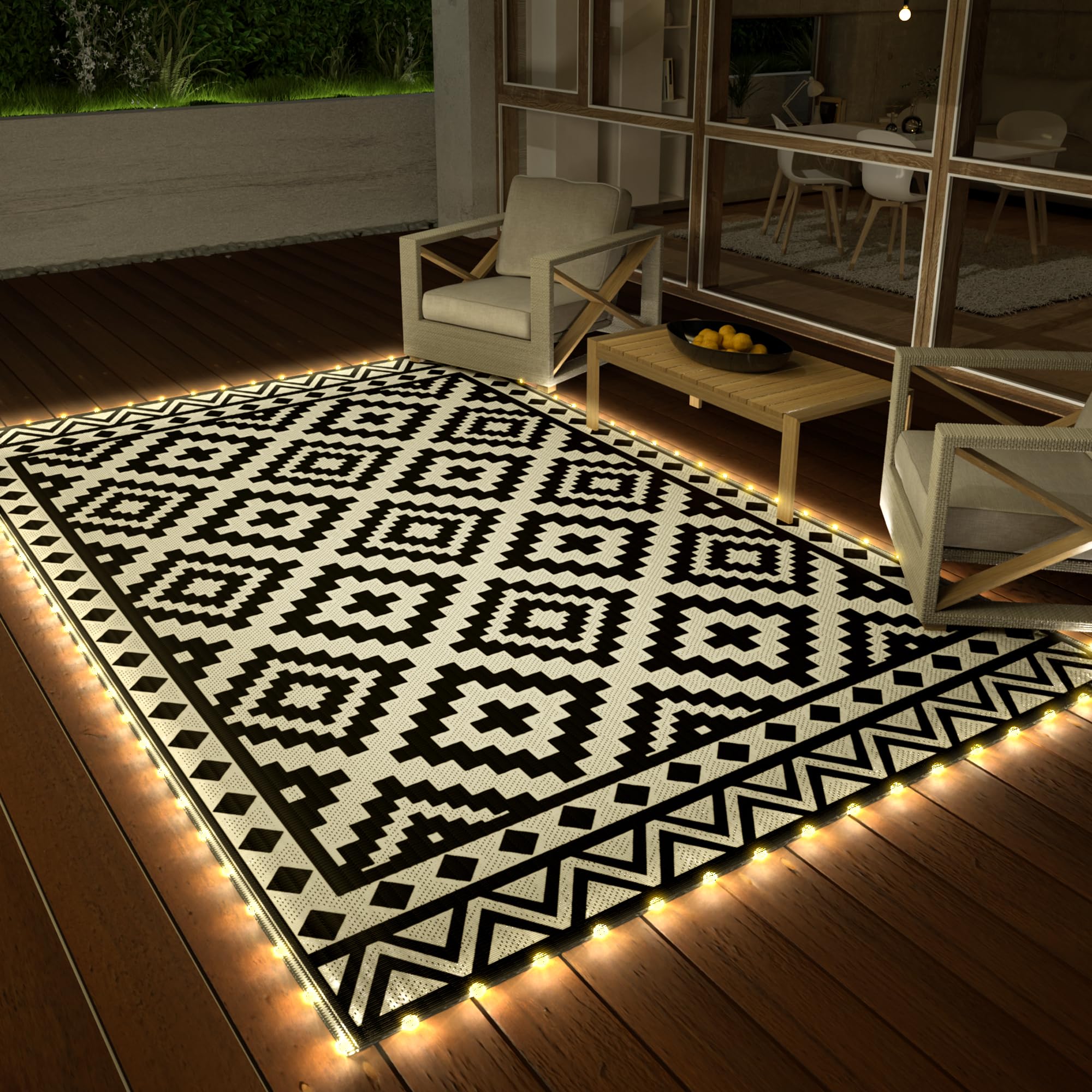 Haushof 5'X8' Outdoor Rug Waterproof With Led Strip Light, Reversible Outdoor Plastic Straw Rug, Patio Rug With 4 Rug Stakes, Outdoor Carpet Mat For Rv, Camping, Beach, Porch, Balcony, Black&White