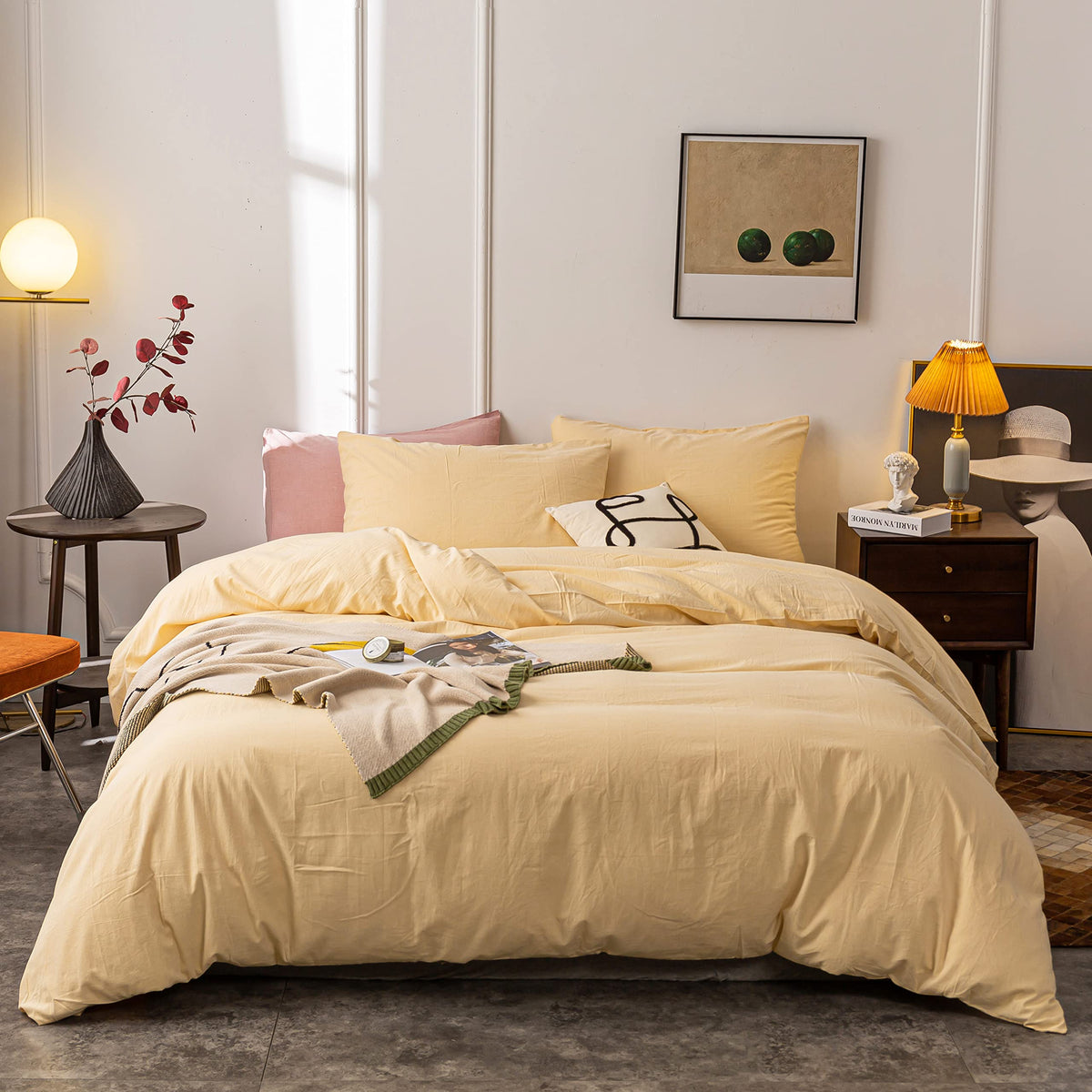 Janlive Washed Cotton Duvet Cover Twin Ultra Soft 100% Cotton Solid Color Cream Yellow Duvet Cover Set With Zipper Closure -2 Pi