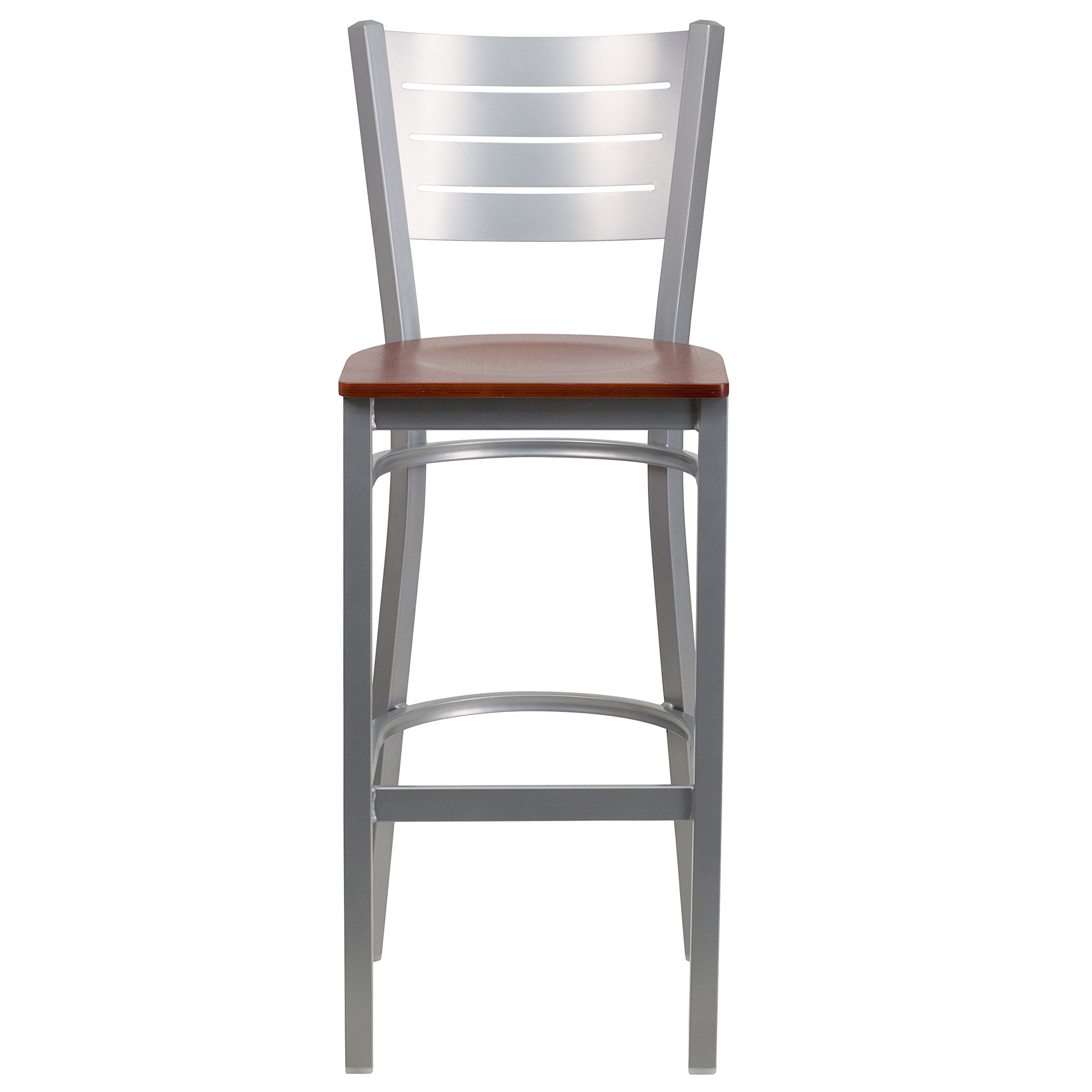 Flash Furniture Hercules Series Silver Slat Back Metal Restaurant Barstool - Cherry Wood Seat