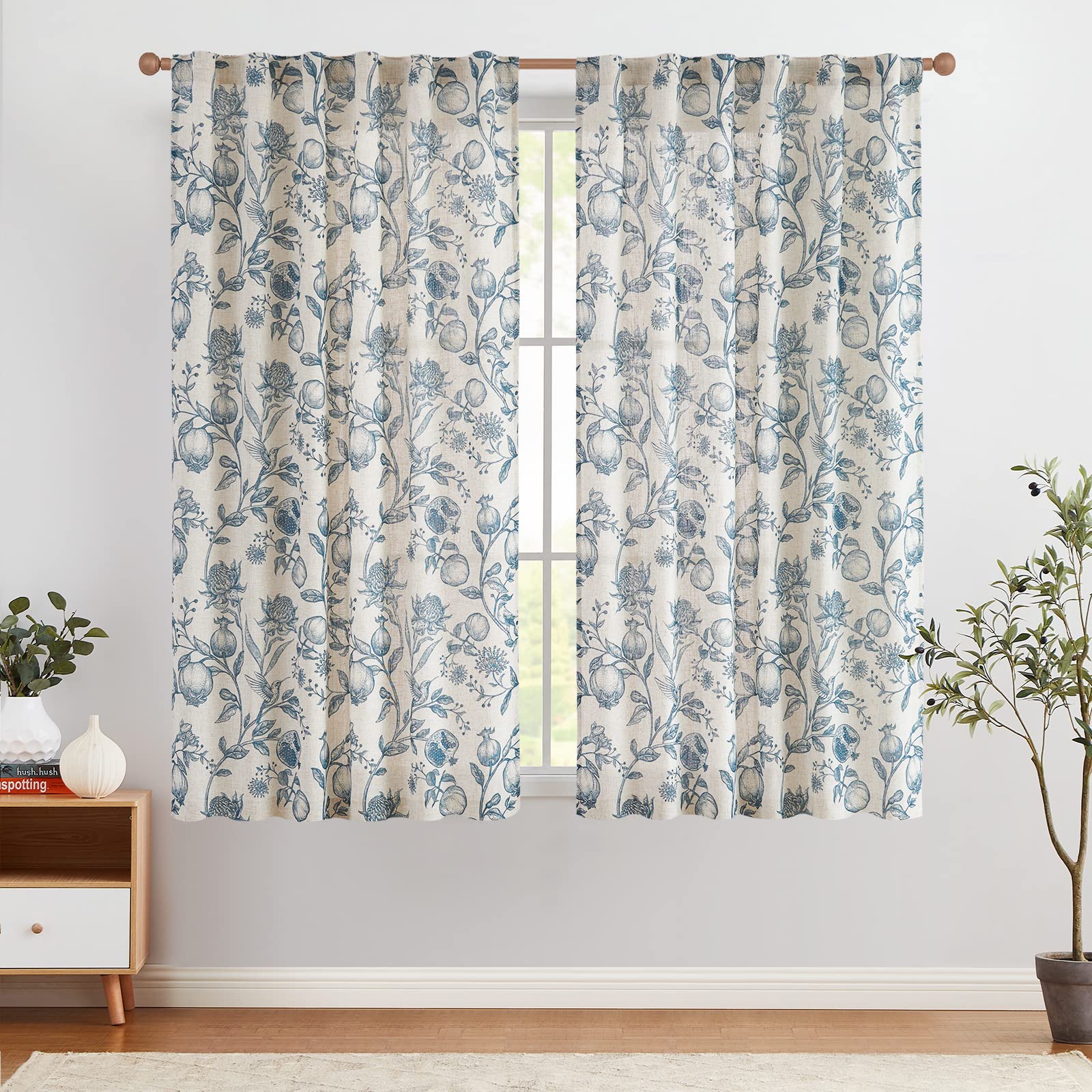 Jinchan Linen Curtains Floral Curtains For Living Room 63 Inch Length Blue French Curtains Rod Pocket Light Filtering Toile Prin