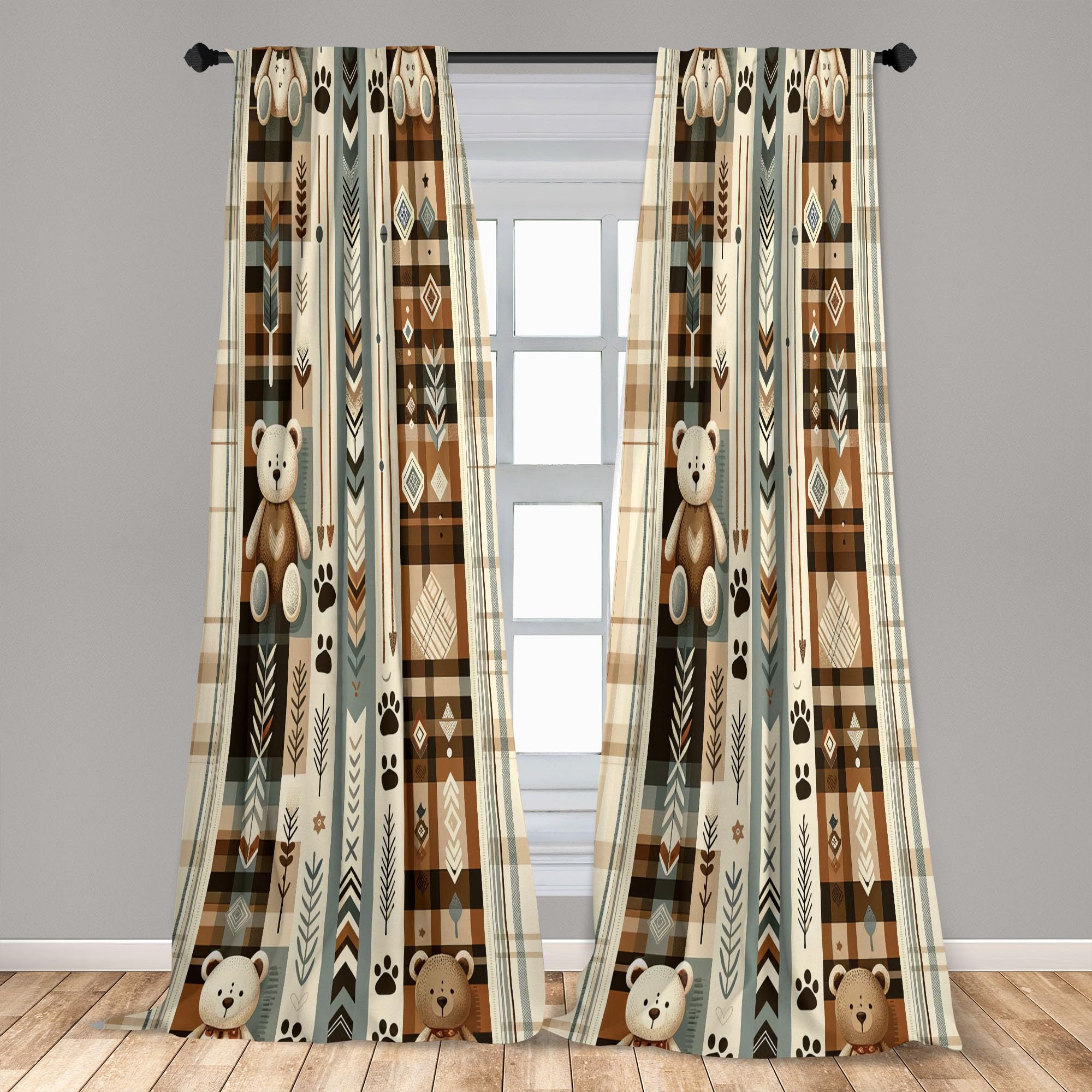 Ambesonne Bear Window Curtains Pack Of 2, Modern Scandi Arrow And Leafy Plaid Ornate With Cartoon Paws Earthy Tones, Lightweight