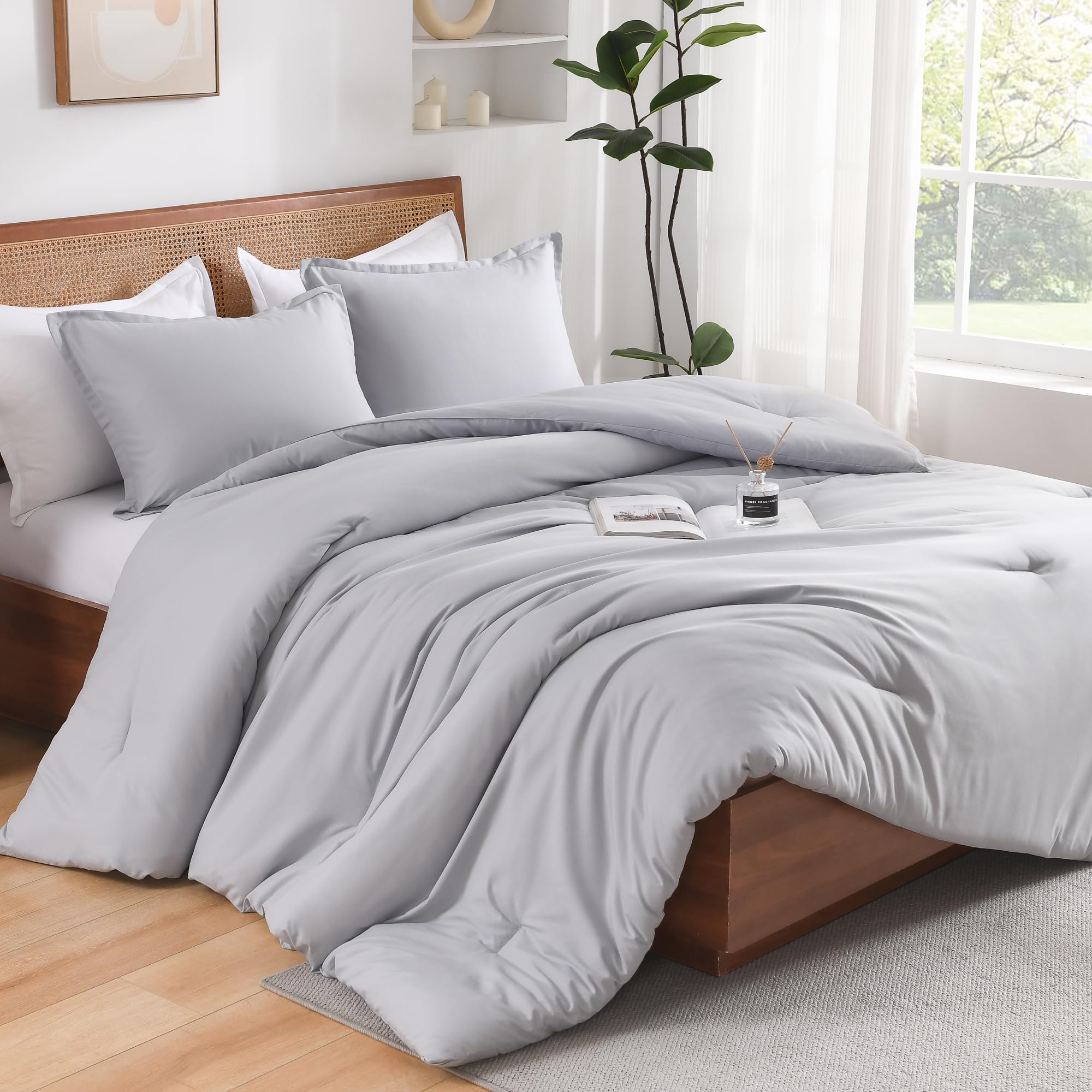 Andency Silver Grey King Size Comforter Set, 3 Pieces Lightweight Fluffy Solid Bedding Comforter, All Season Soft Microfiber Bed Sets