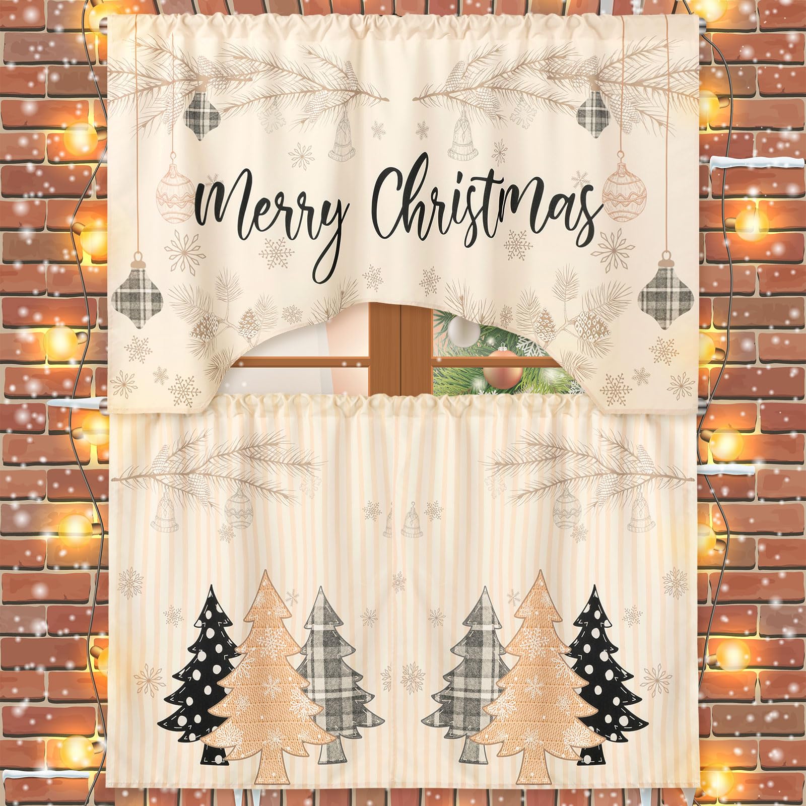 Ganeen 3 Pcs Christmas Kitchen Curtain Set Kitchen Window Tier Curtains and Valance Buffalo Plaid Curtains Black and White Kitch