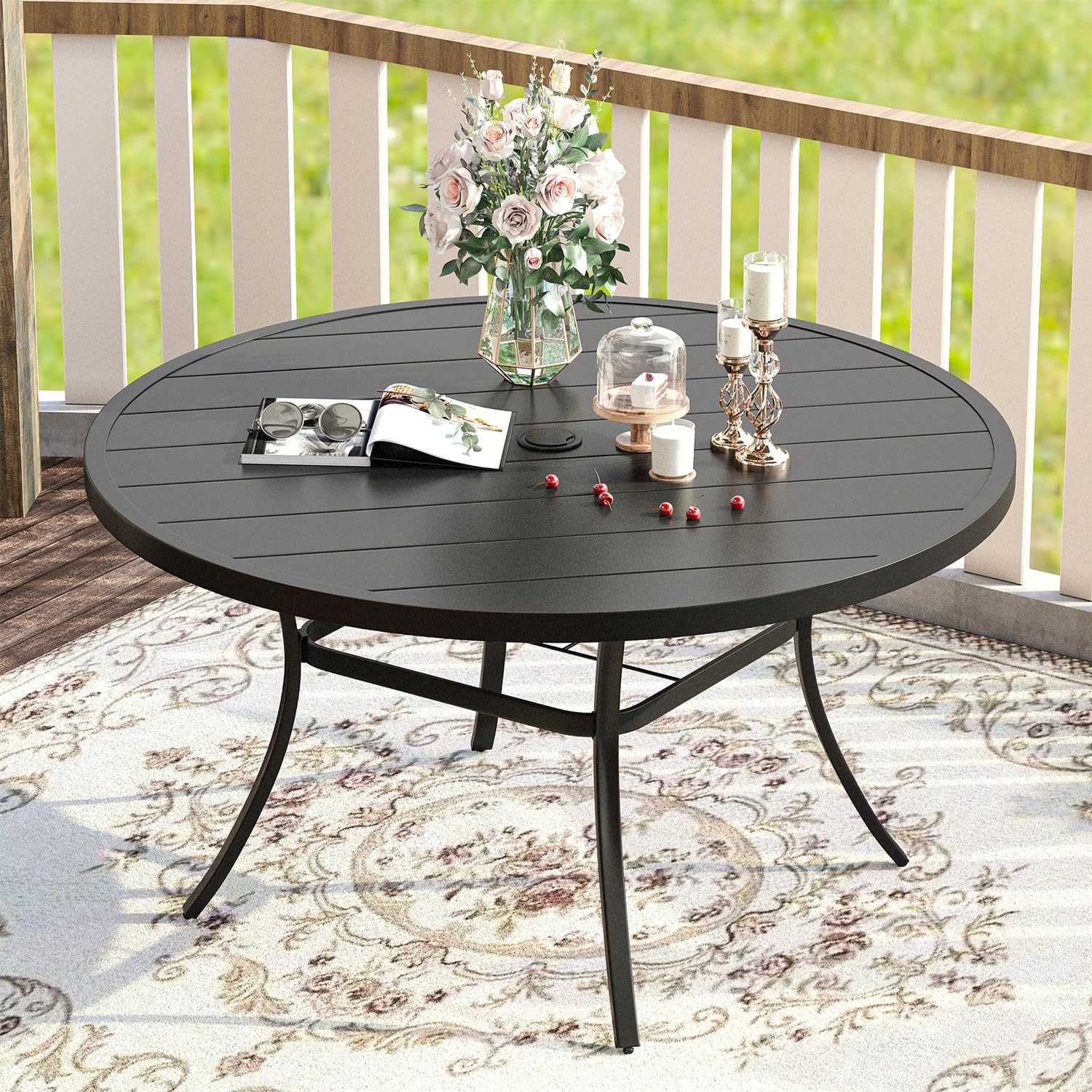 Vicllax Metal Patio Round Table For 8, 53' All Weather Round Outdoor Dining Table For Lawn Garden, Outdoor Patio Table With Umbrella Hole, Black Tabletop