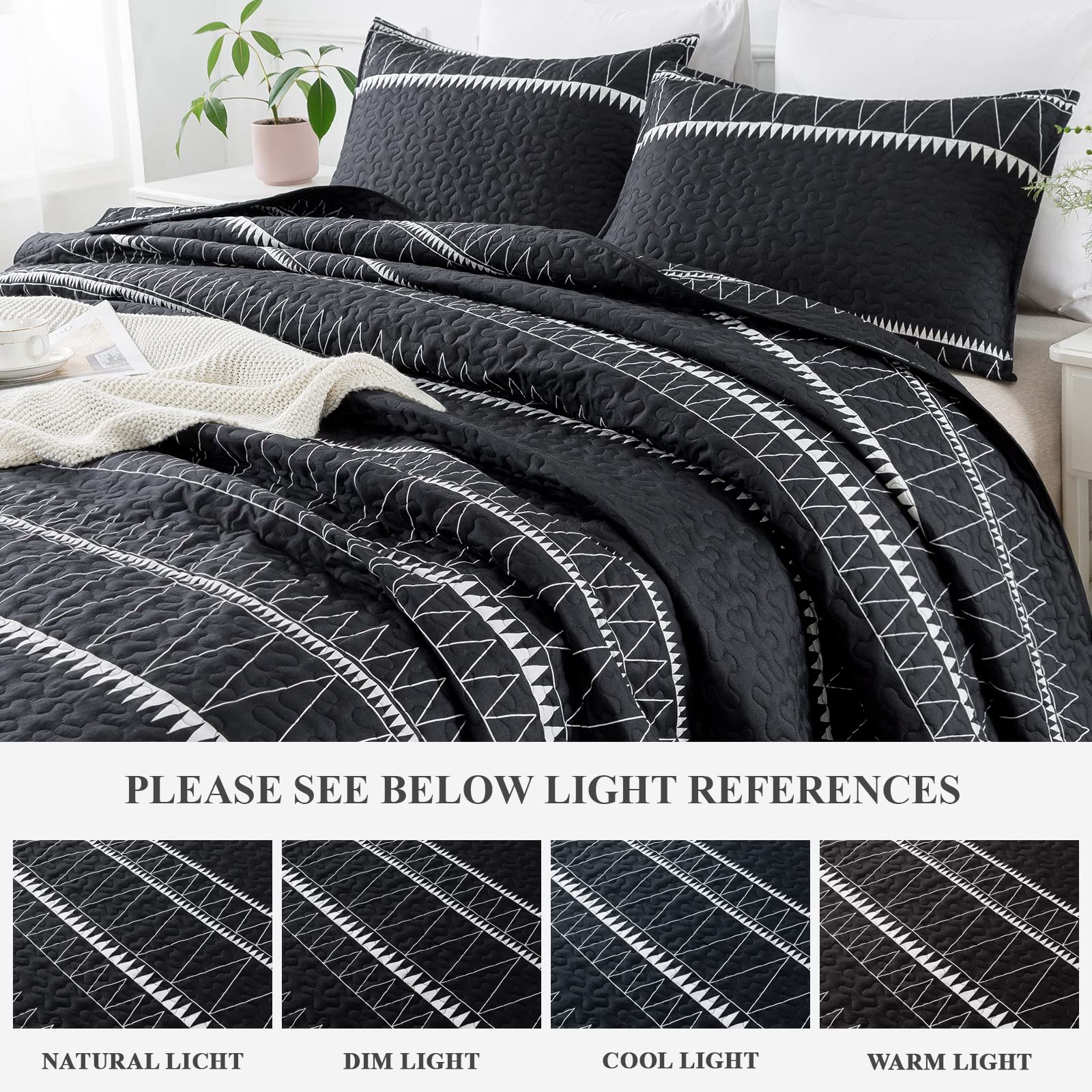 Andency Black Quilt Set Oversized King (118X120 Inch), 3 Pieces(1 Striped Triangle Printed Quilt And 2 Pillowcases), Bohemian Summer Lightweight Reversible Microfiber Bedspread Coverlet Sets