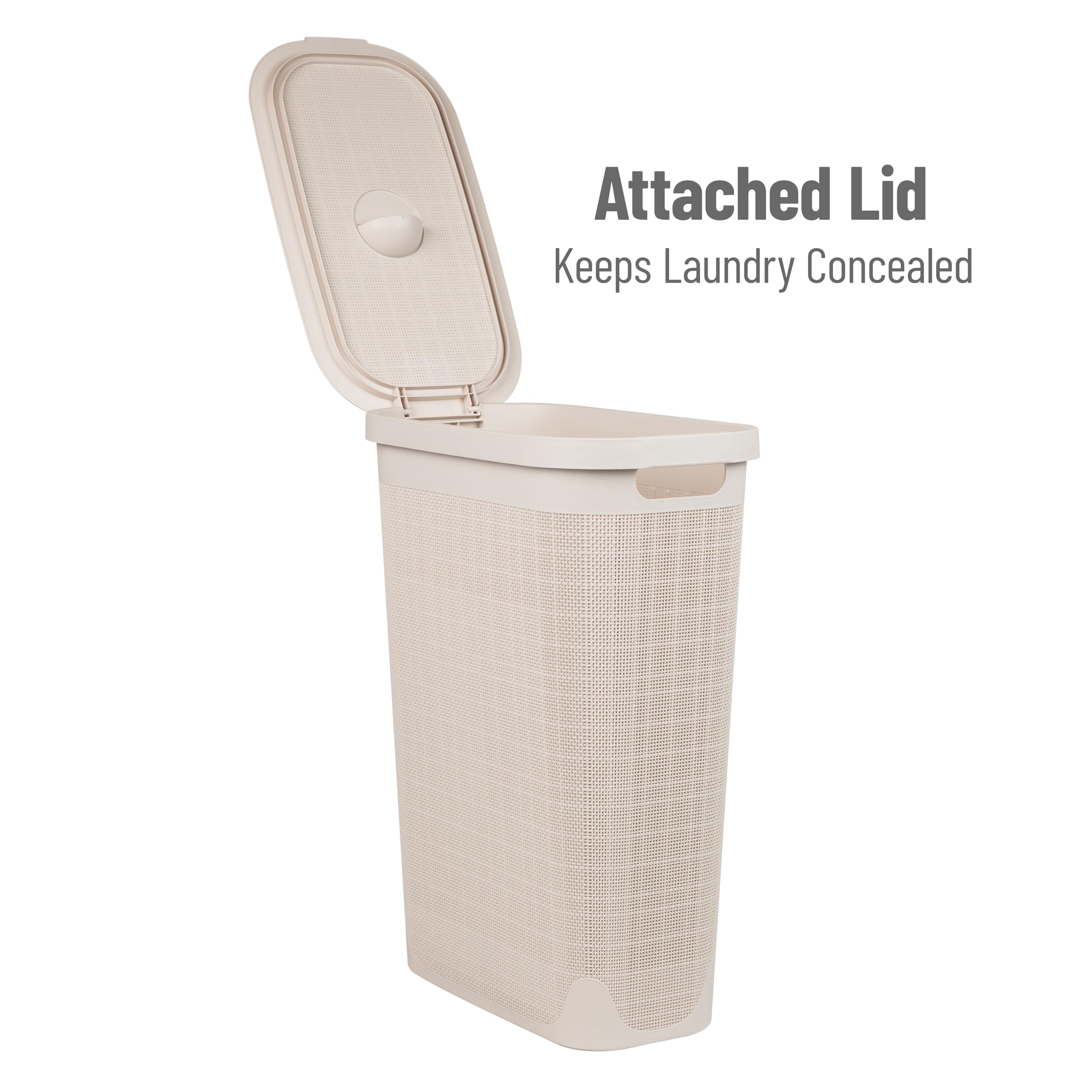 Mind Reader 40L Slim Laundry Hamper, Clothes Basket, Lid, Linen Design, Plastic, 18.5   L X 10.75   W X 23.5   H, Ivory