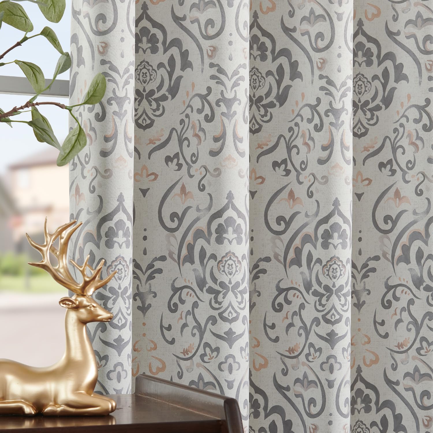 Lazzzy Grey Floral Damask Blackout Curtains 84 Inches Long for Living Room, Medallion Farmhouse Vintage Floral Watercolor Printe
