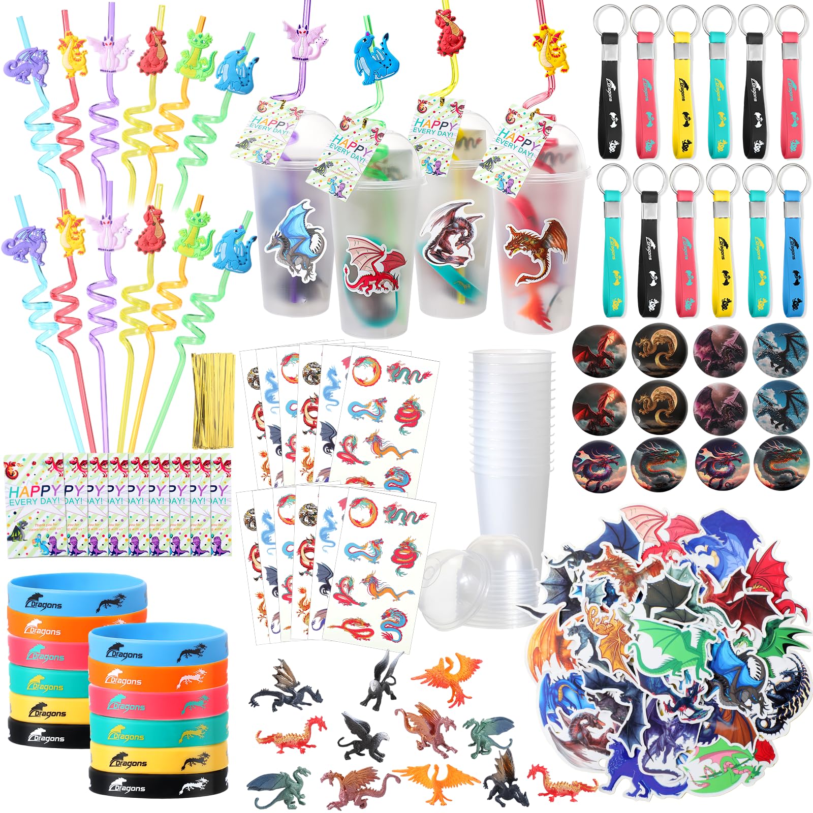 Wettarn 147 Pcs Dragon Themed Birthday Party Favors Gift for 18 People Include Cup with Lids Badges Mini Dragon Model Stickers S