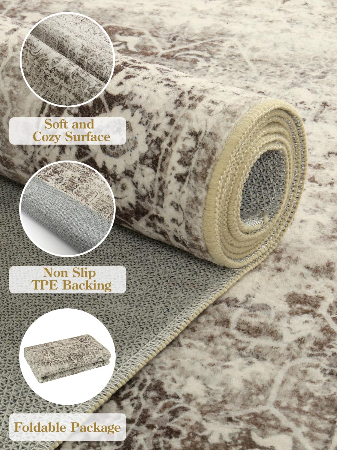 Lahome Beige Washable Rugs For Living Room 8 X 10 Large Living Room Rug Indoor Carpet,Boho Vintage Distressed Non-Slip Low-Pile