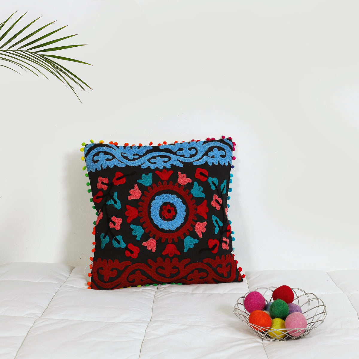 Black Suzani Embroidered Cotton Sofa Decorative Cushion Case Cushion Pillow Cover Cushion Sham 16 X 16 Inch By HandicraftPala
