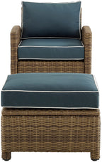 Crosley Furniture Bradenton 2-Piece Outdoor Chair and Ottoman Set, Wicker Patio Conversation Sets for Porch, Brown with Navy Cushions