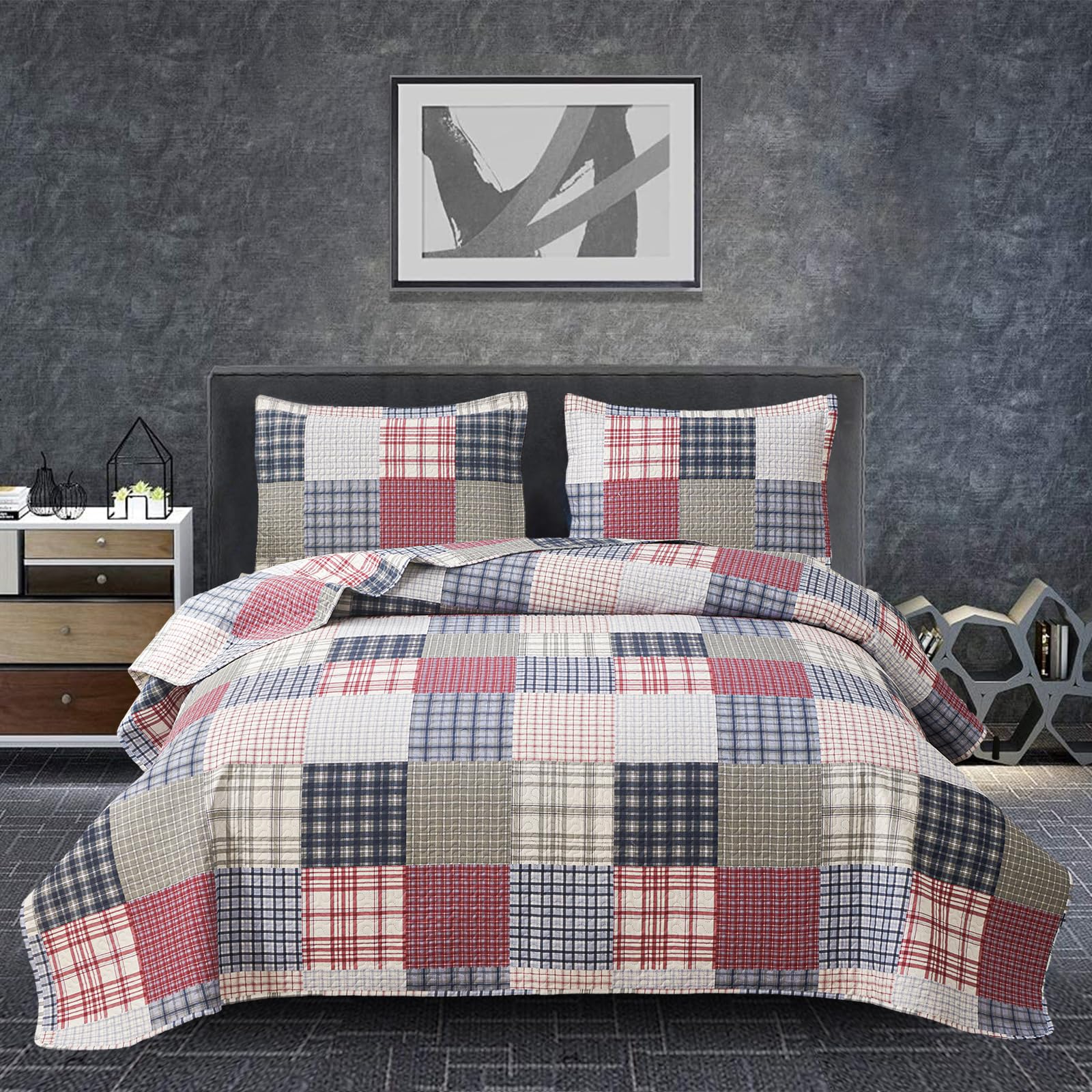 Plaid Quilt Set Queen Size Bedspread Coverlet Plaid Patchwork Quilt Set Bedding Boys Mens Red Blue White Plaid Bedspread Lightwe