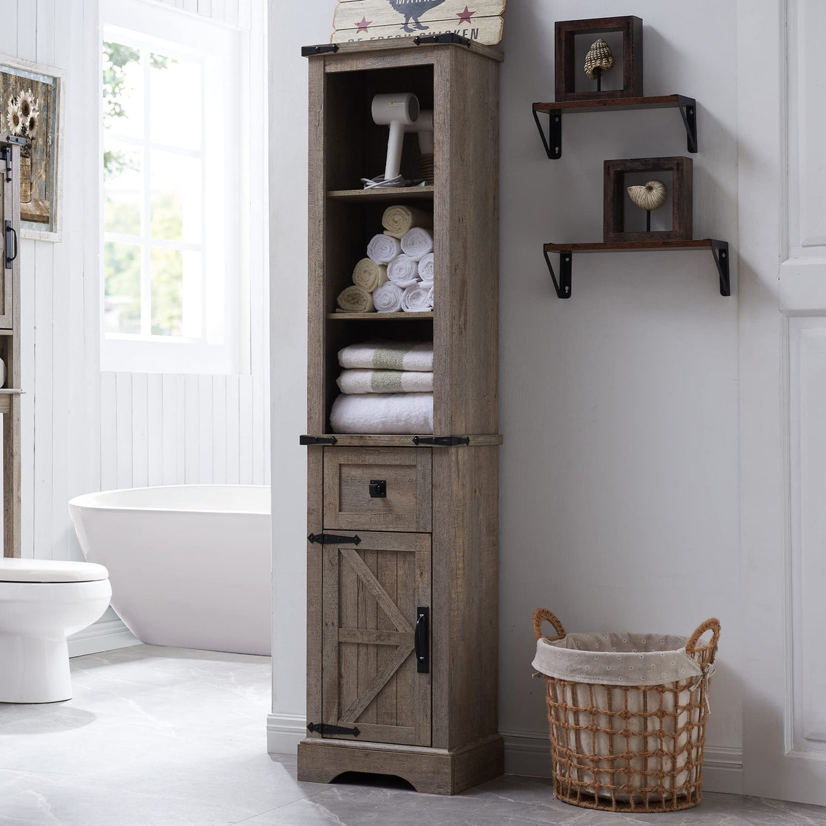 Okd Farmhouse Bathroom Storage Cabinet With Adjustable Shelves & Storage Drawer, Tall Linen Tower For Bathroom & Living Room, Light Rustic Oak