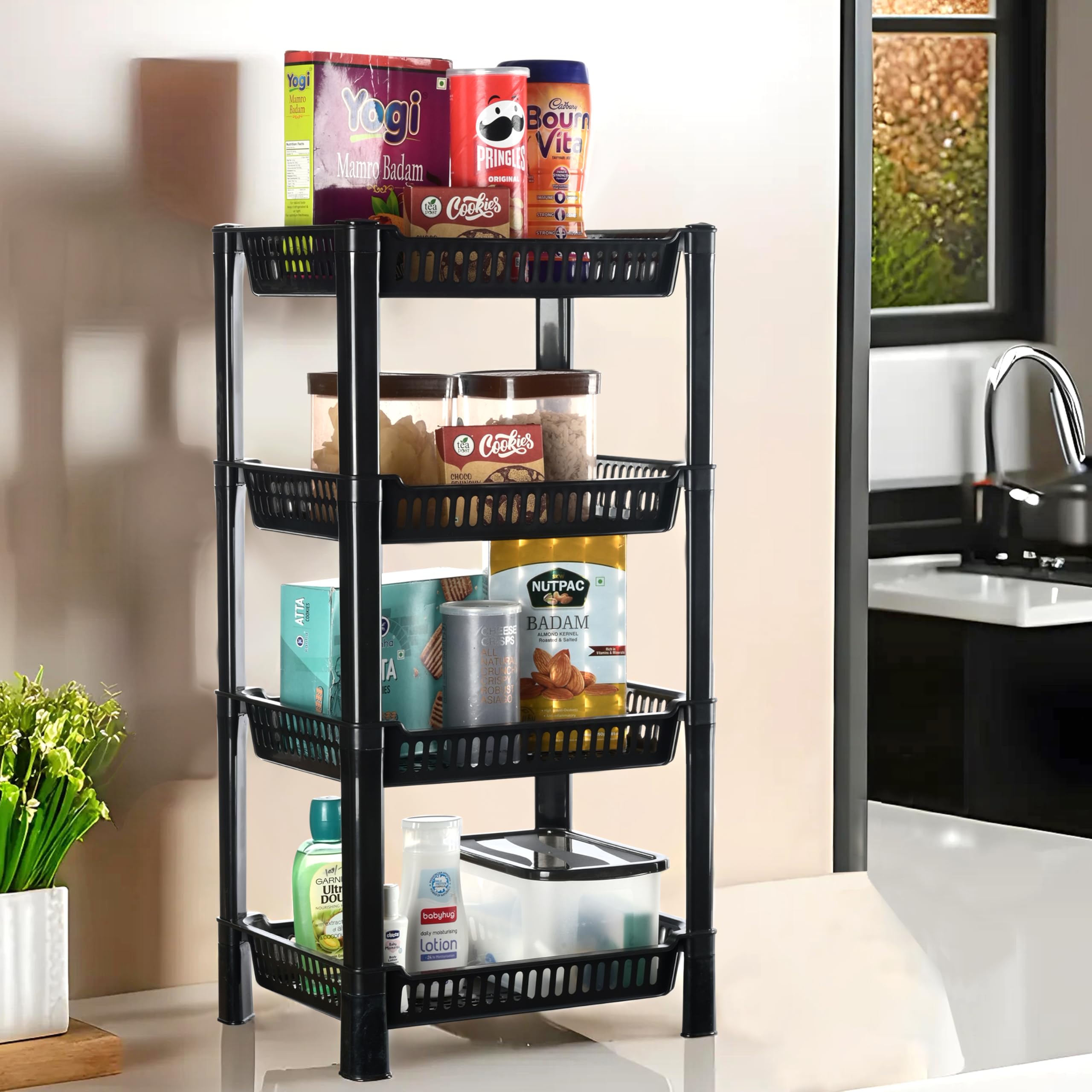 Kuber Industries Plastic 4Layer Multipurpose Kitchen Organizer/Storage Rack | Onion Stand For Kitchen | Vessels & Vegetable Org