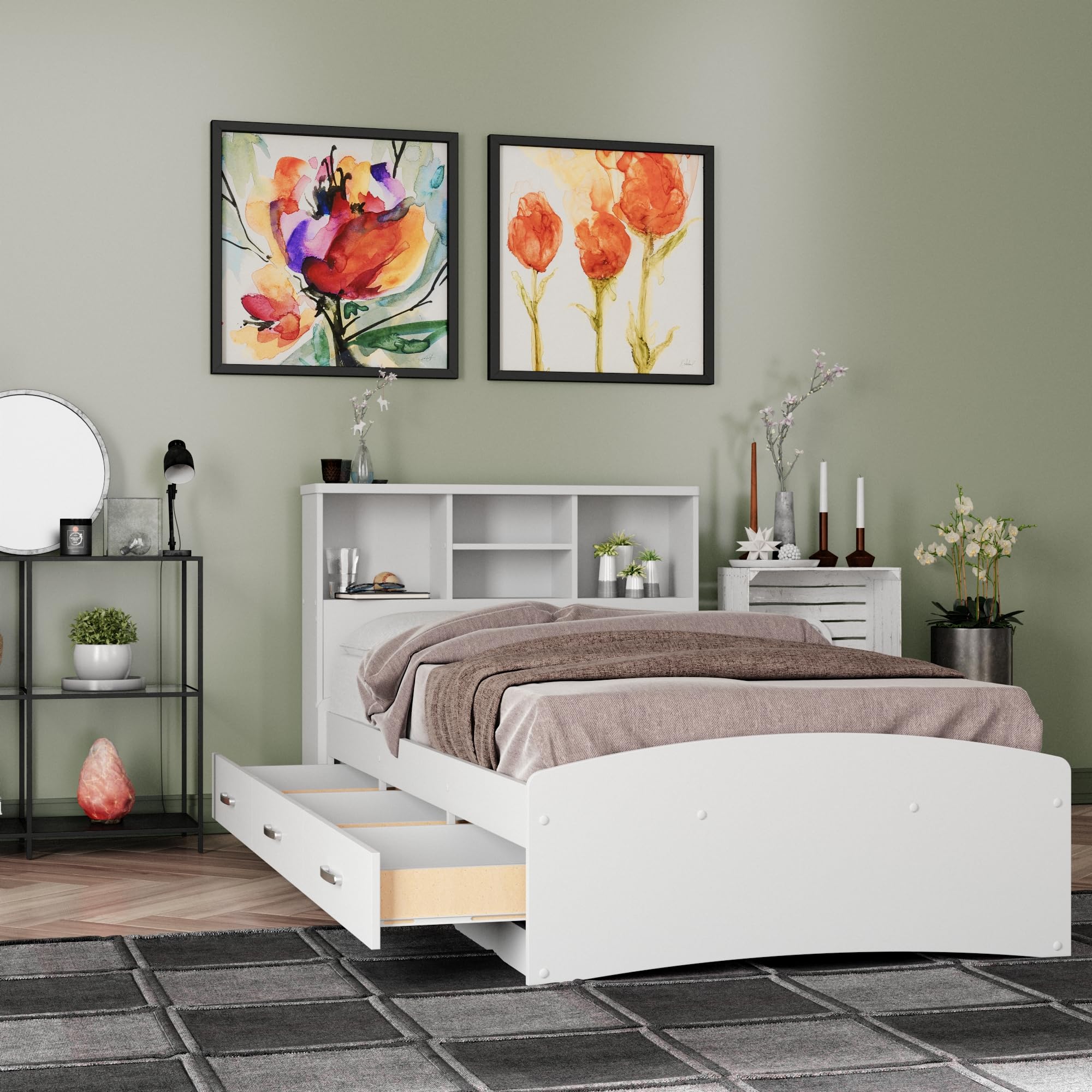 Bed with 3 Drawers and Bookcase Headboard (White, Twin)