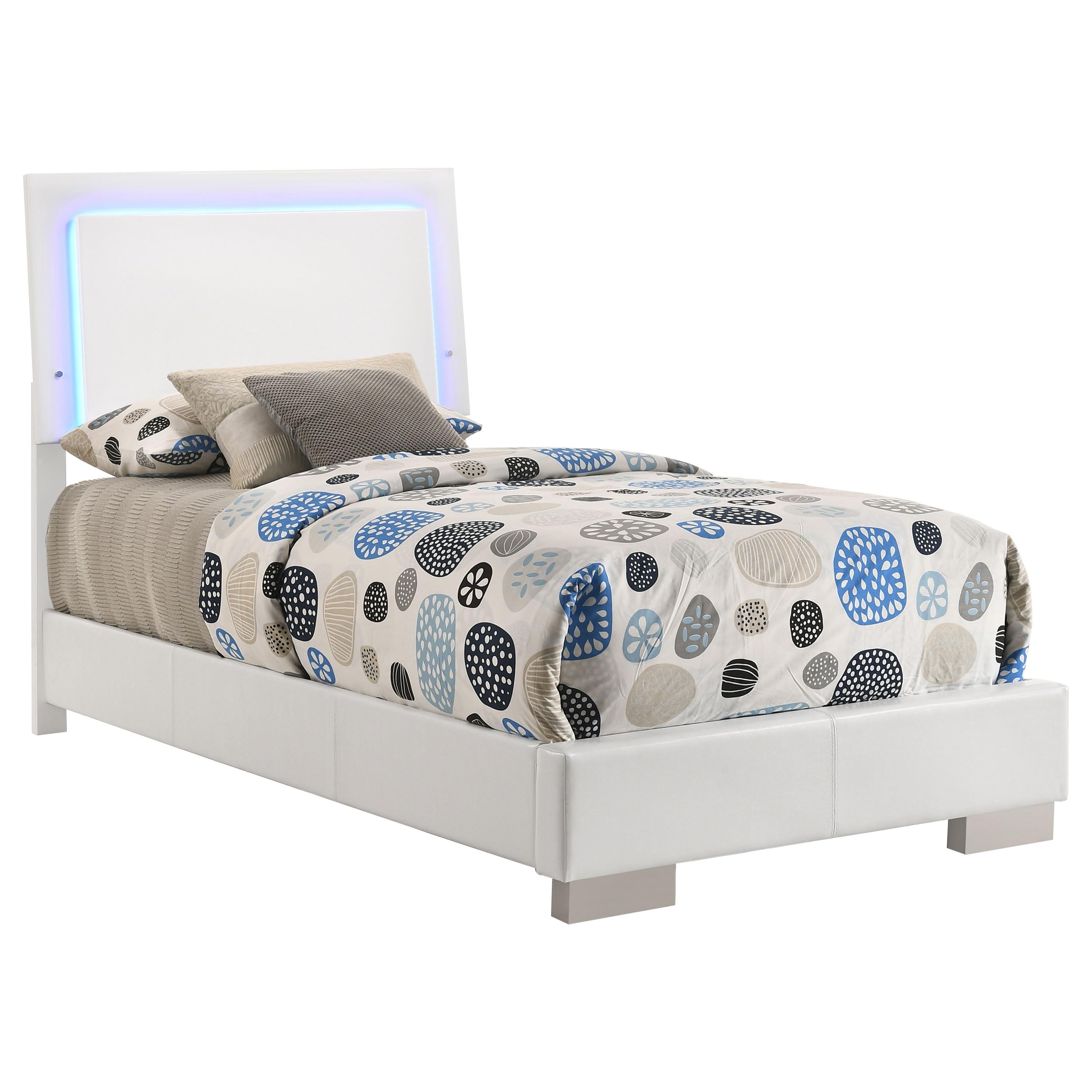 Coaster Home Furnishings Felicity Contemporary Leatherette Upholstered Twin Size LED Panel Bed Frame 49-inch Headboard White High Gloss 203500T