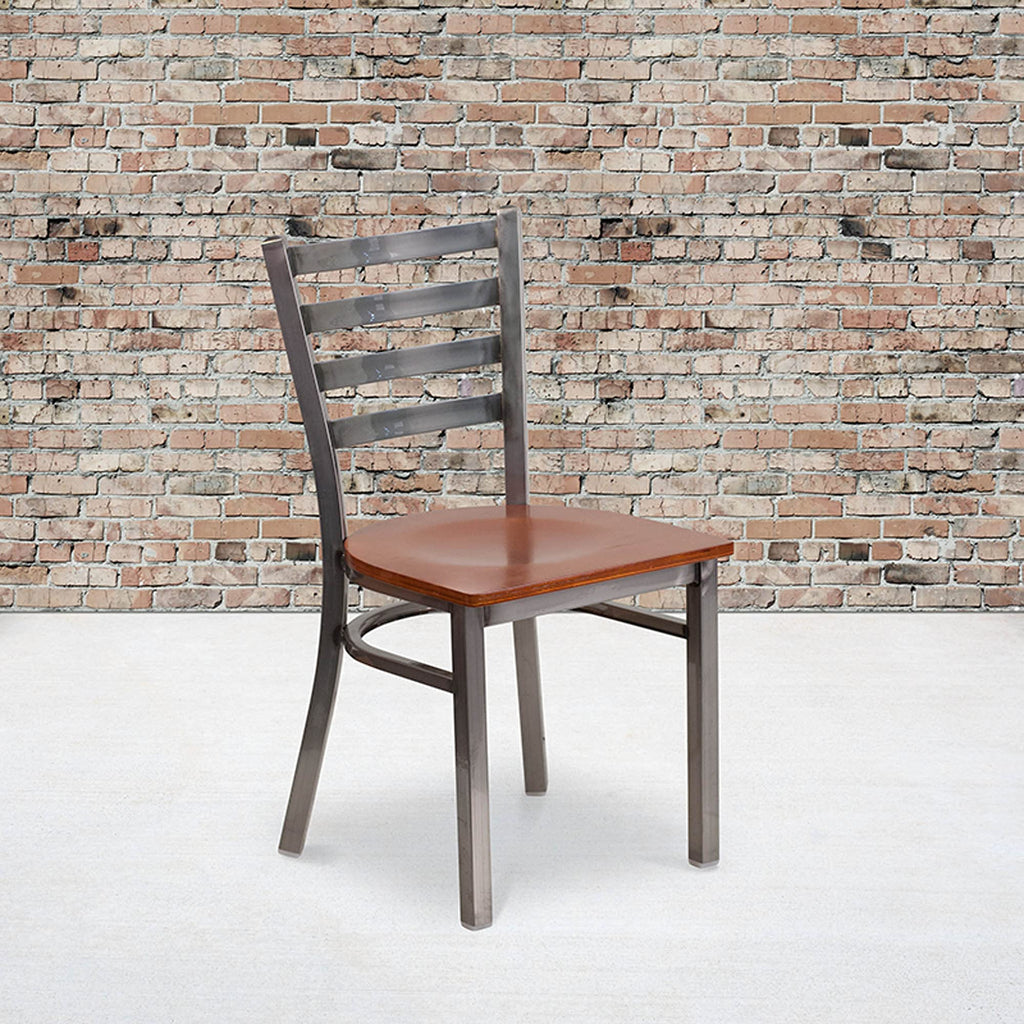 Flash Furniture Hercules Series Clear Coated Ladder Back Metal Restaurant Chair - Cherry Wood Seat