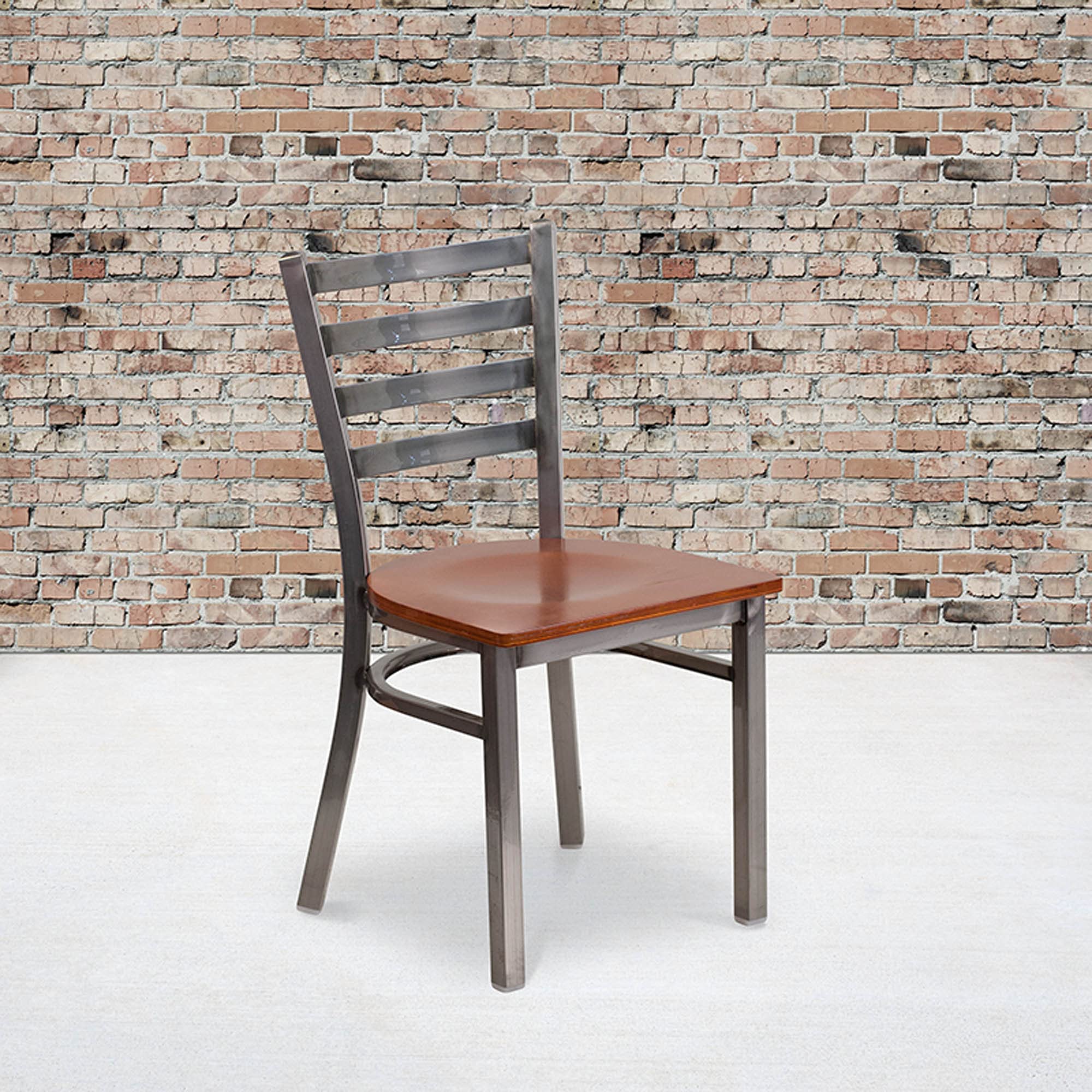 Flash Furniture Hercules Series Clear Coated Ladder Back Metal Restaurant Chair - Cherry Wood Seat