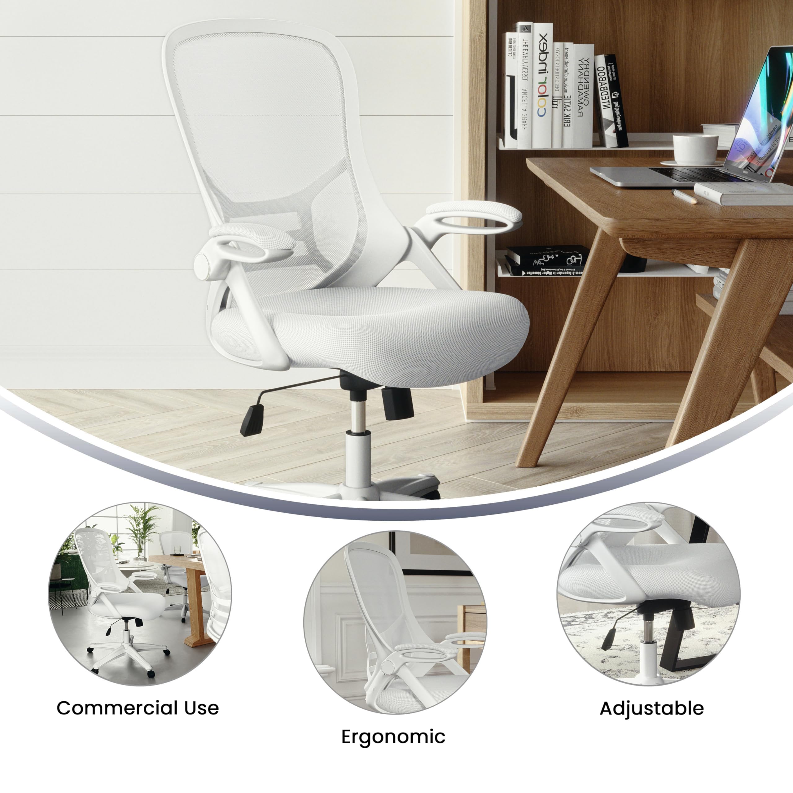 Flash Furniture Porter High-Back Swivel Office Chair with Adjustable Lumbar Support and Seat Height, Ergonomic Mesh Desk Chair with Flip-Up Armrests, White