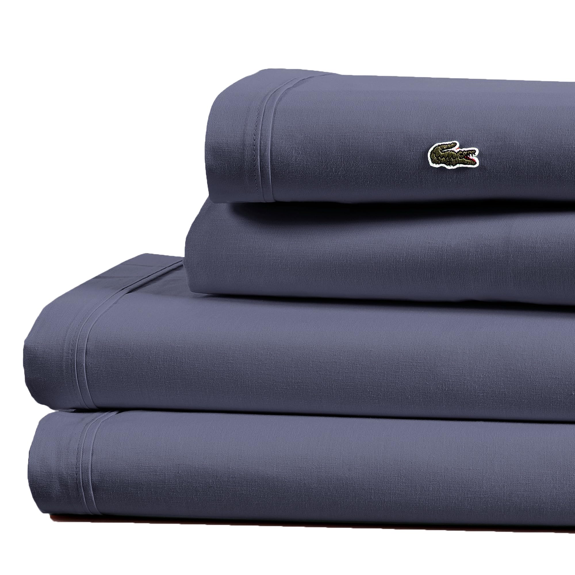 Lacoste 100% Cotton Percale 4-Piece Sheet Set - Cool, Crisp, Matte, and Durable, Oeko-Tex Certified - Solid, Vintage Indigo, Que