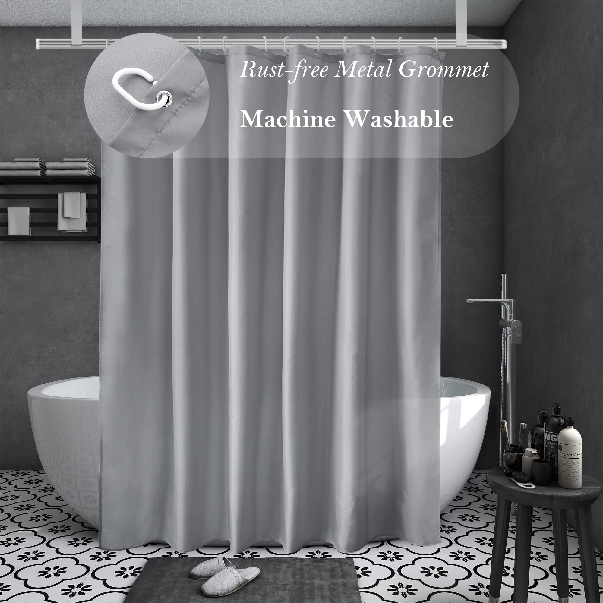 Aoohome 96 Inch Extra Long Shower Curtain Liner, Polyester Bathroom Curtain For Hotel With Hooks, Waterproof, Weighted Hem, Ligh