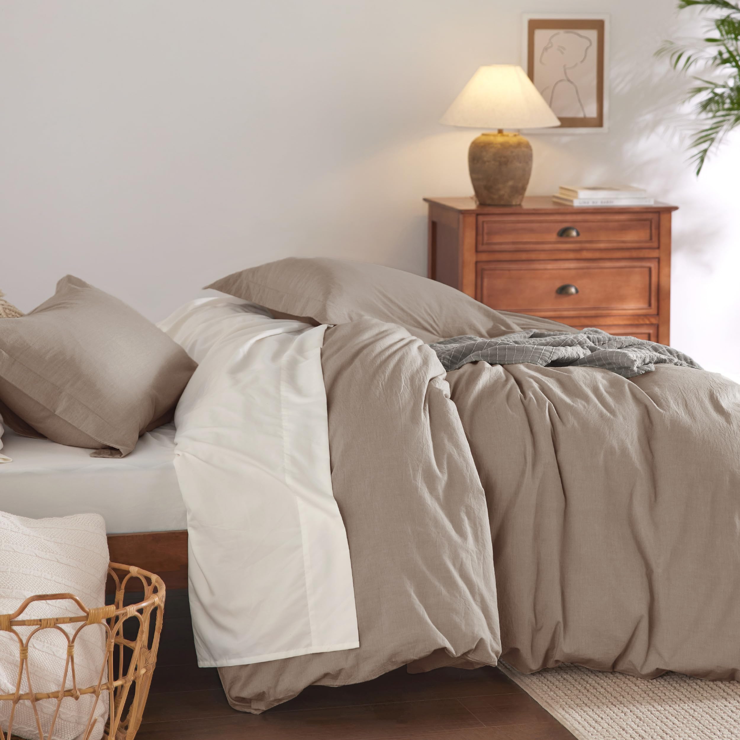 Bedsure 100% Washed Cotton Duvet Cover Queen - Taupe Minimalist Cotton Duvet Cover Set Linen Like - 3 Pieces Gentlesoft™ Plain Simple Bedding Set With 2 Pillow Shams (Taupe, Queen, 90'X90')