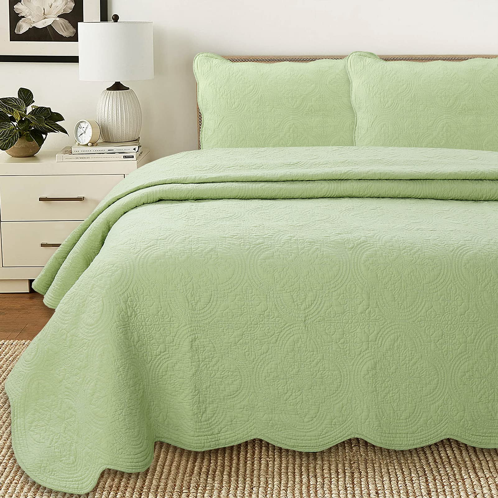Cozy Line Home Fashions Victorian Medallion Solid Green Embossed 100% Cotton Bedding Quilt Set,Coverlet,For Bedroom/Guest Room (