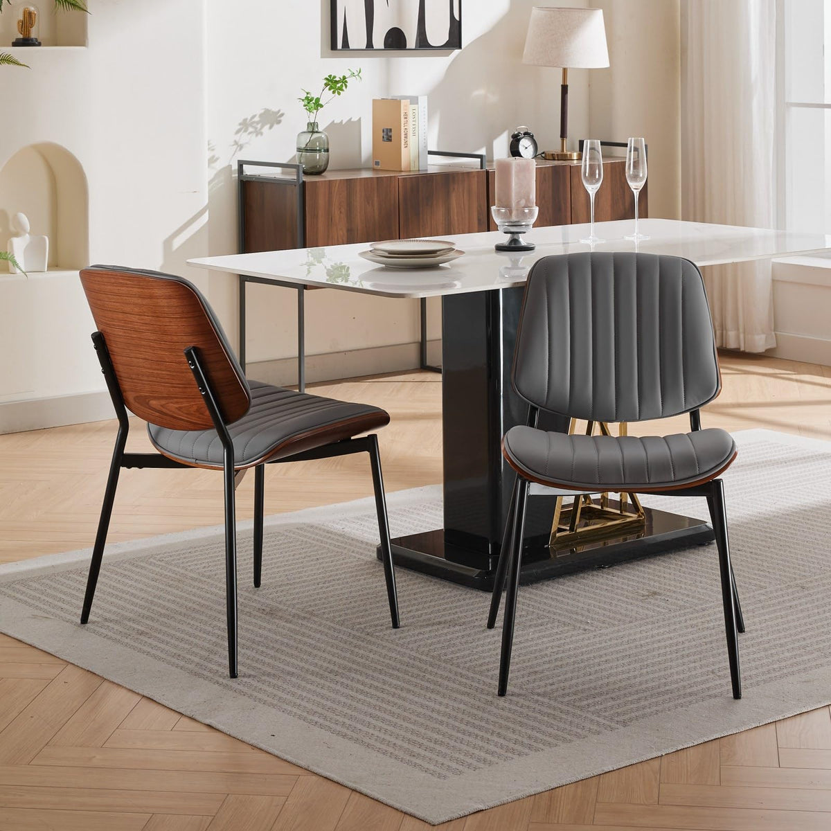 Yafiti Dining Chairs Set Of 2, Mid Century Modern Accent Dining Room And Kitchen Chairs, Upholstered Pu Leather Vertical Stripe