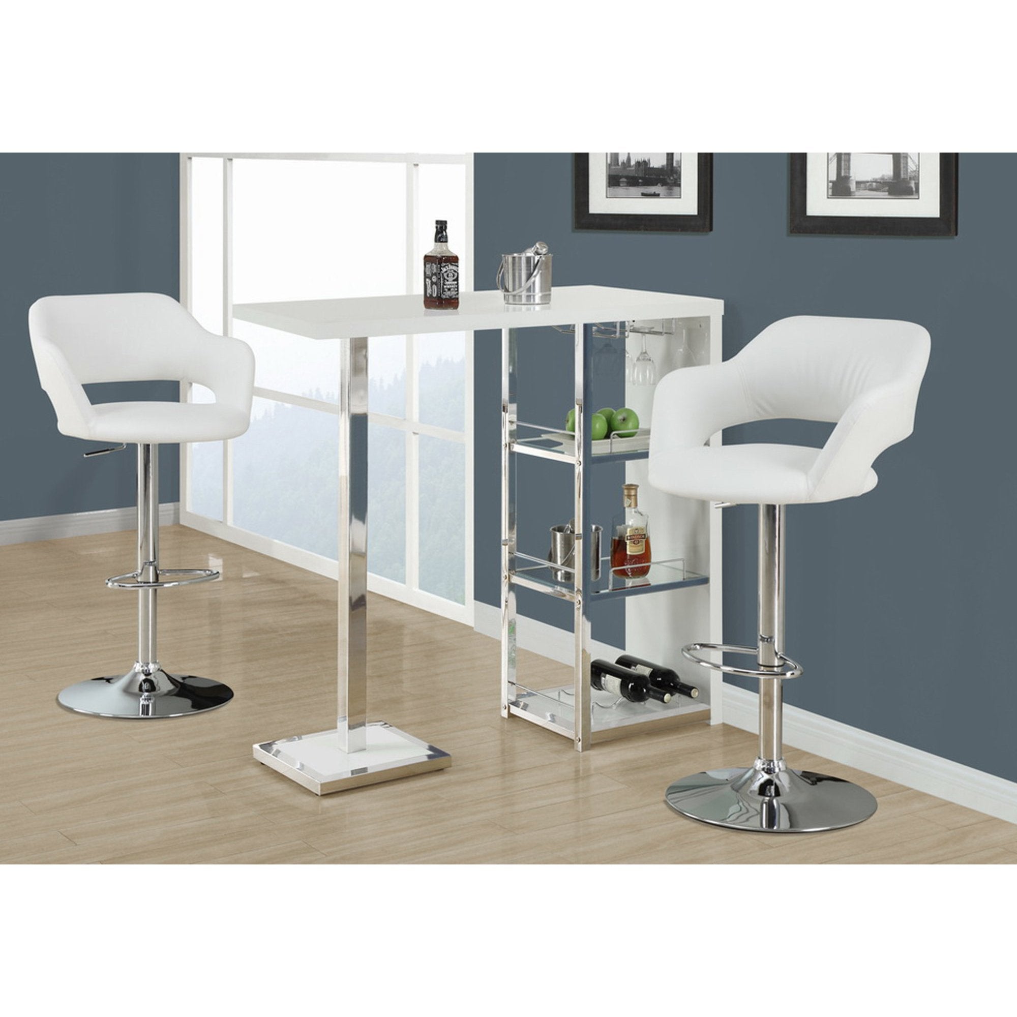 Monarch Specialties 2358 Stool, Swivel, Bar Height, Adjustable, Metal, Pu Leather Look, White, Chrome, Contemporary, Modern Barstool, 22.5' L x 21' W x 36' H