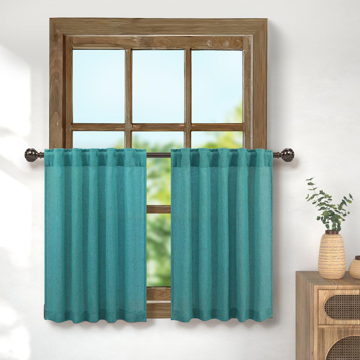 Pitalk Teal Linen Blend Tier Curtains For Kitchen Back Tab Width 30X24 Length