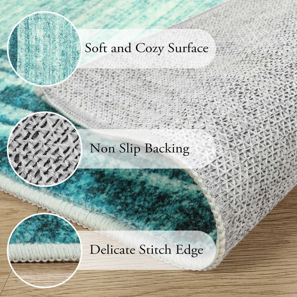 Lahome Abstract Teal 5X7 Rug For Bedroom,Washable Modern Living Room Area Rug Non-Slip,Low-Pile Soft Floor Carpet Minimalist Bor