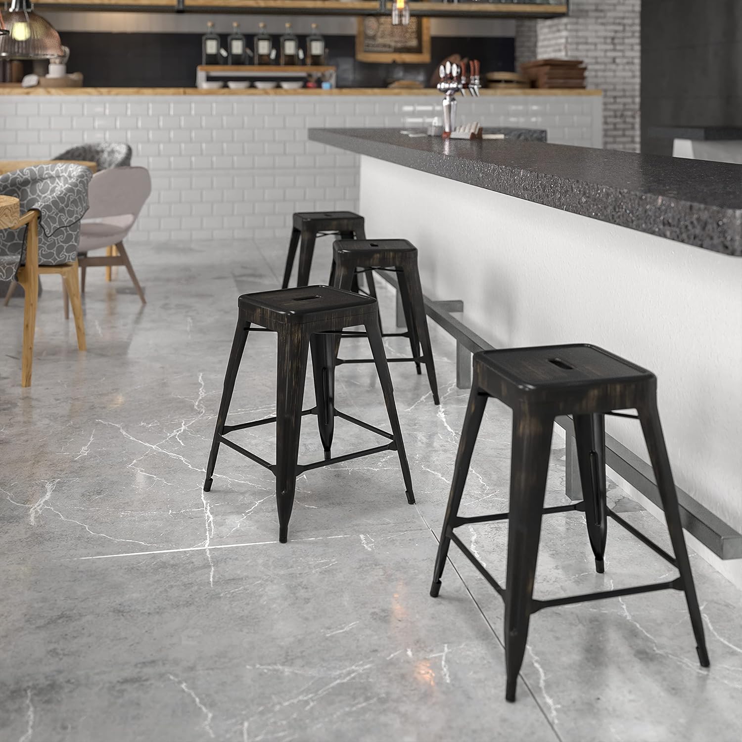 Commercial Grade 24 High Backless Black-Antique Gold Metal Indoor-Outdoor Counter Height Stool with Square Seat