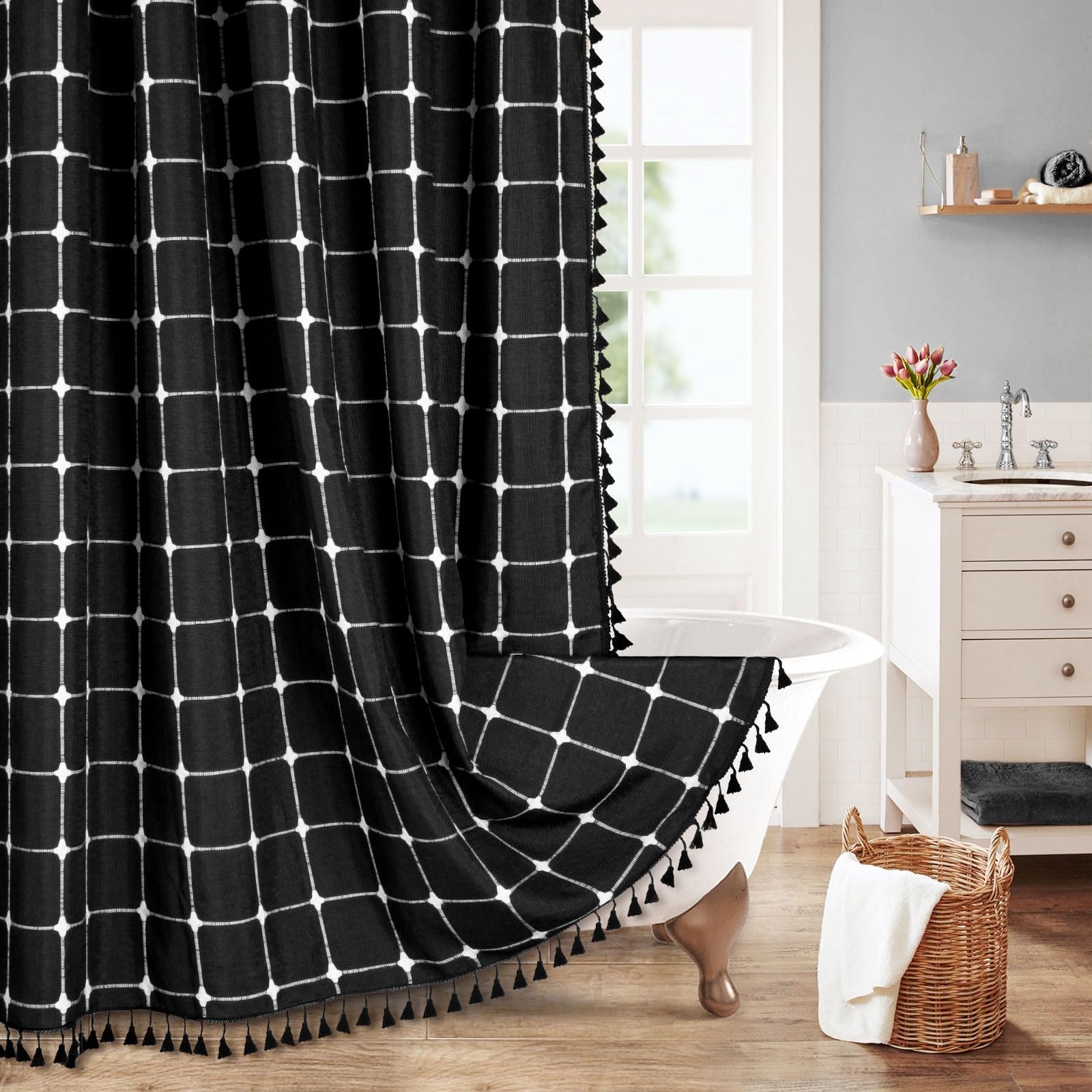 Mitovilla Black Boho Shower Curtains For Modern Farmhouse Bathroom Decor, Vintage Country Thick Cotton Linen Fabric Shower Curta