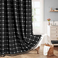 MitoVilla Black Boho Extra Long Shower Curtain 72 x 84, Modern Farmhouse 84 inch XL Cotton Linen Texture Tassel Fabric Shower Cu